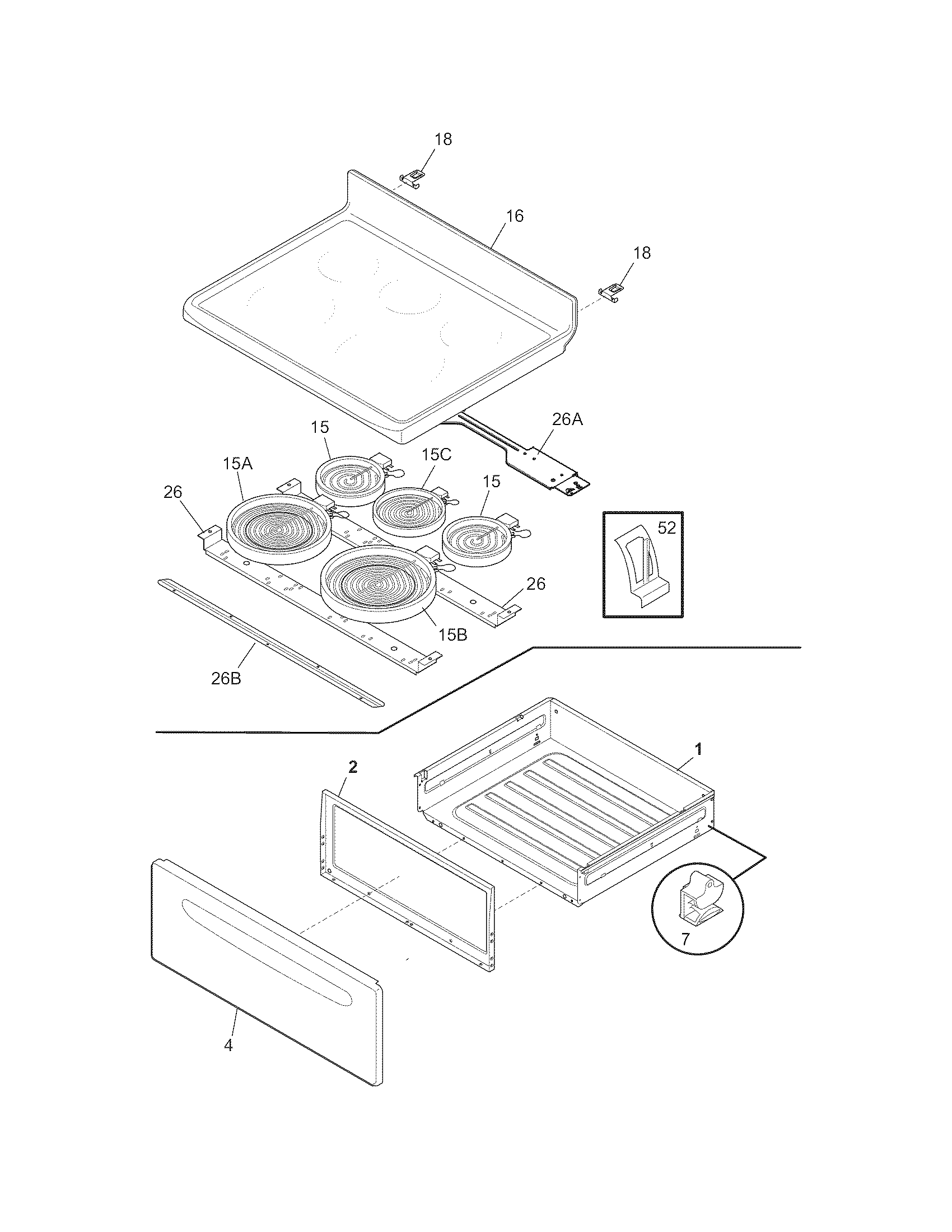 Frigidaire FGEF3031KBB top/drawer diagram