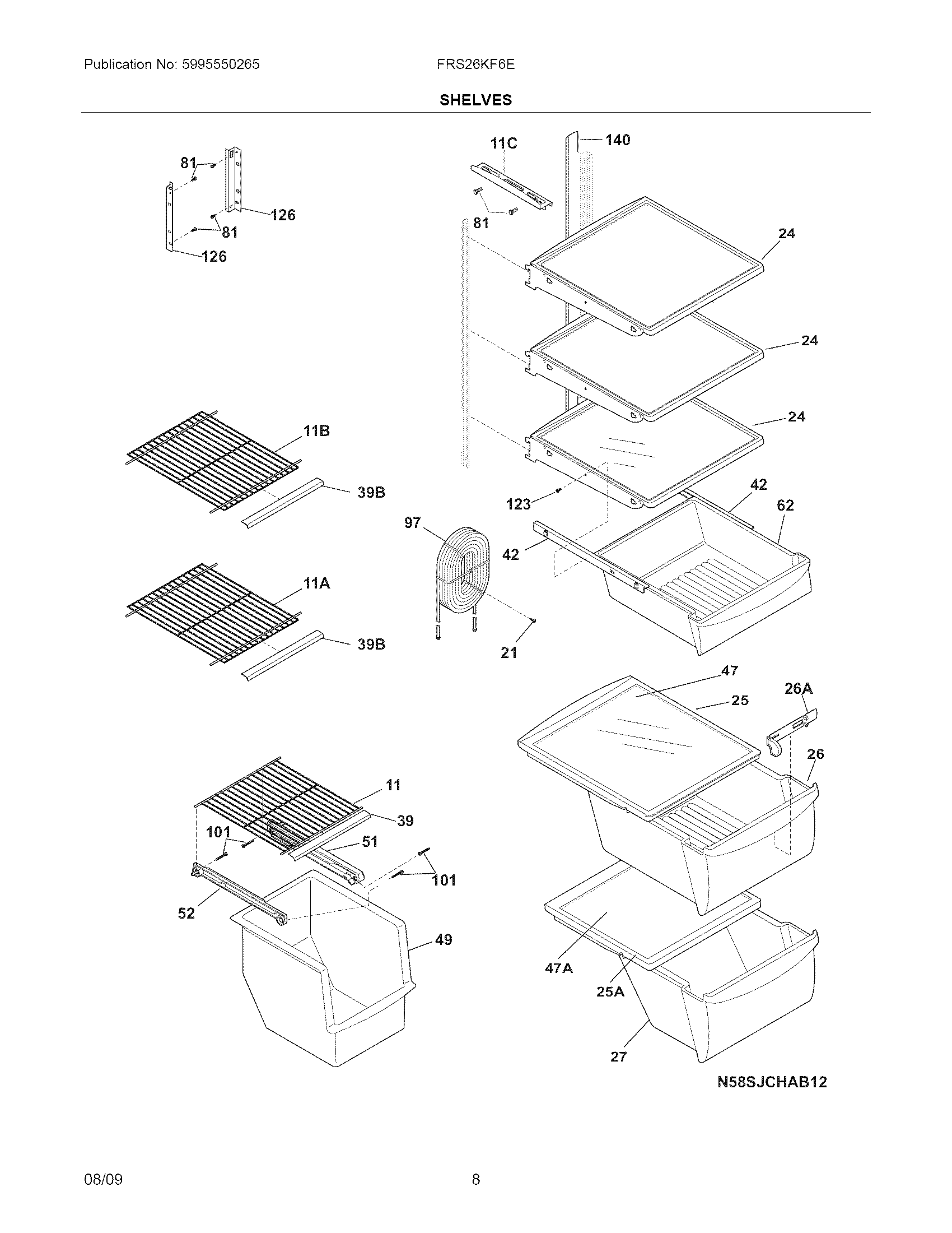 Frigidaire FRS26KF6EBJ shelves diagram