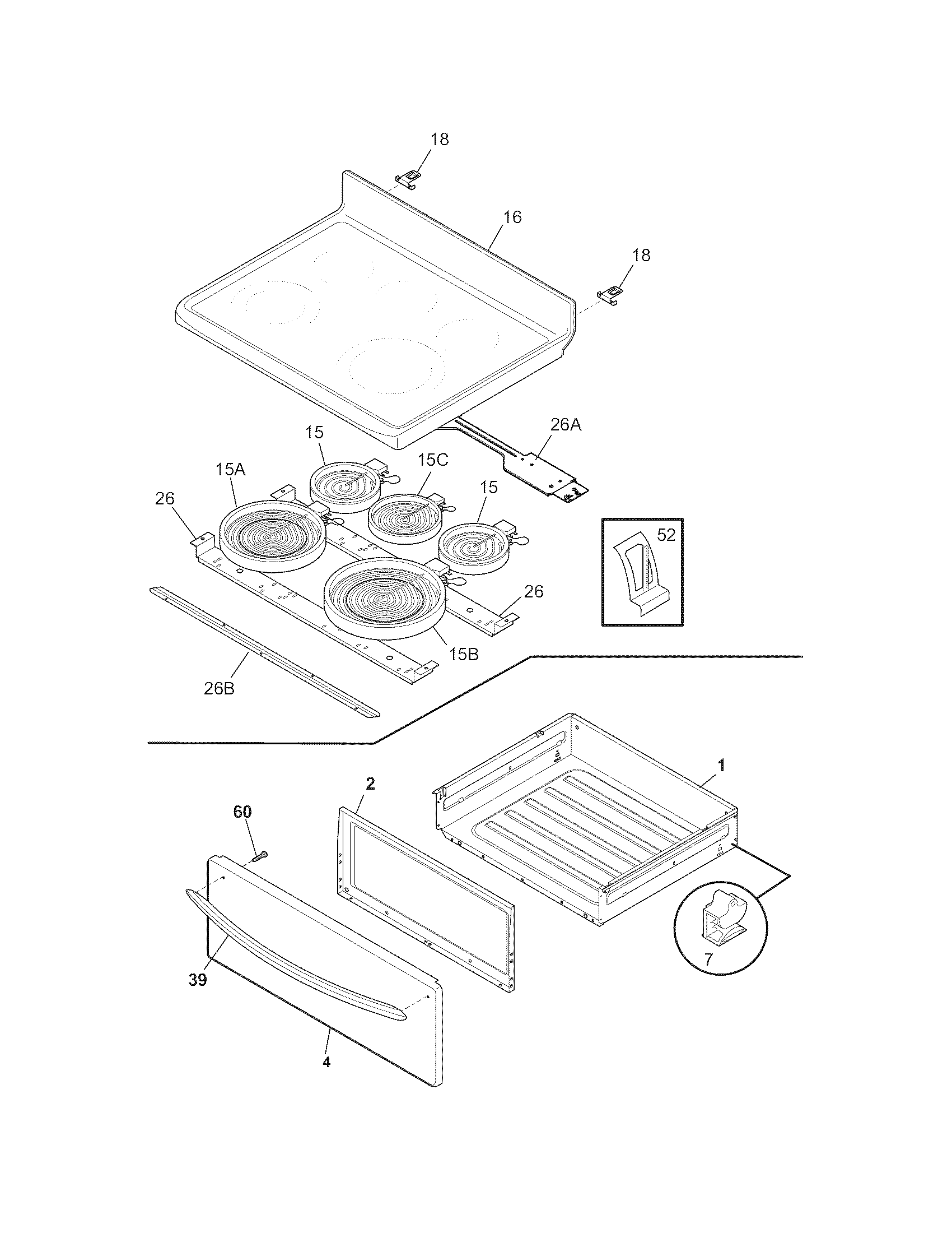 Frigidaire FGEF3055KBB top/drawer diagram