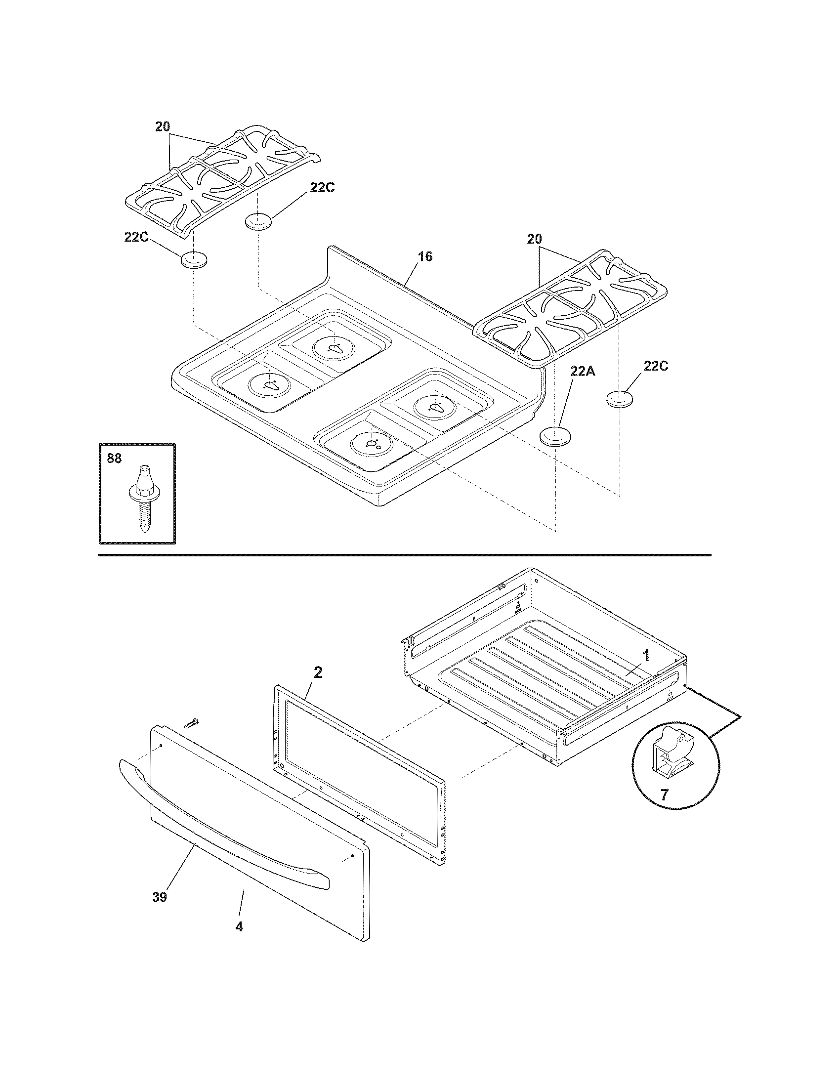 Frigidaire FGFB66ECR top/drawer diagram