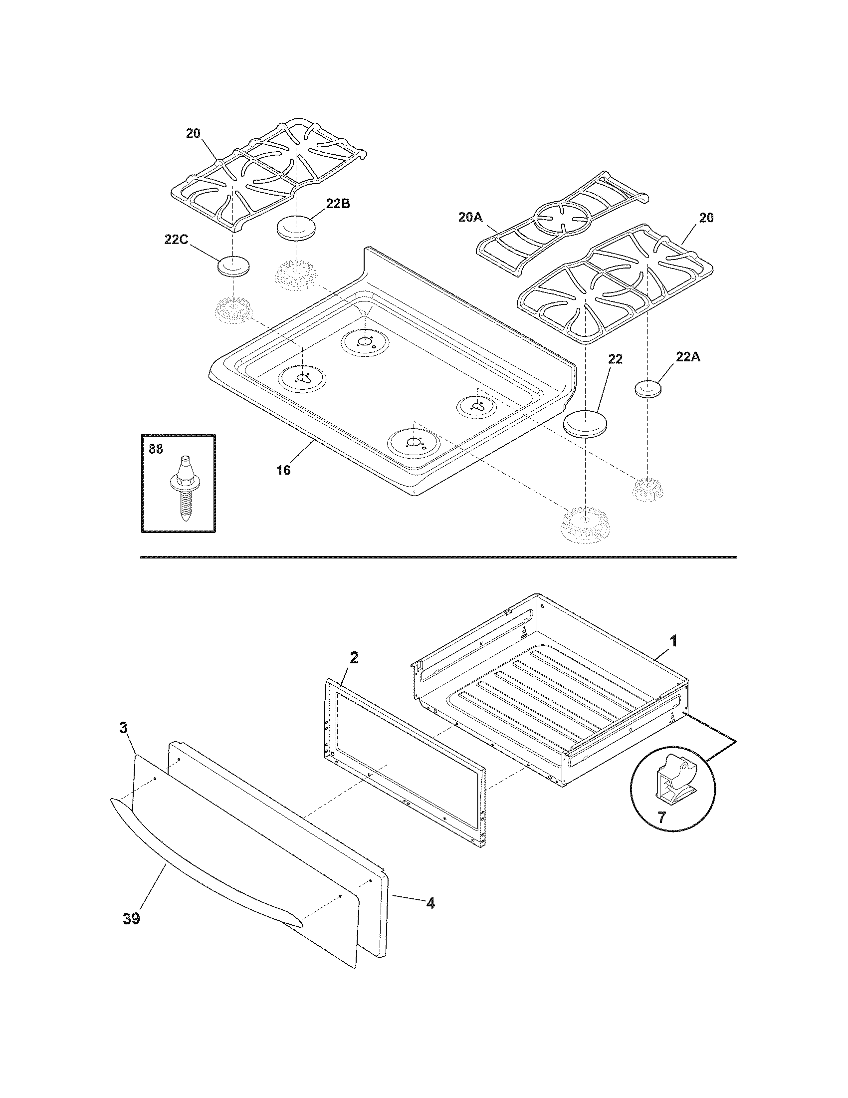 Frigidaire FGF382HCH top/drawer diagram