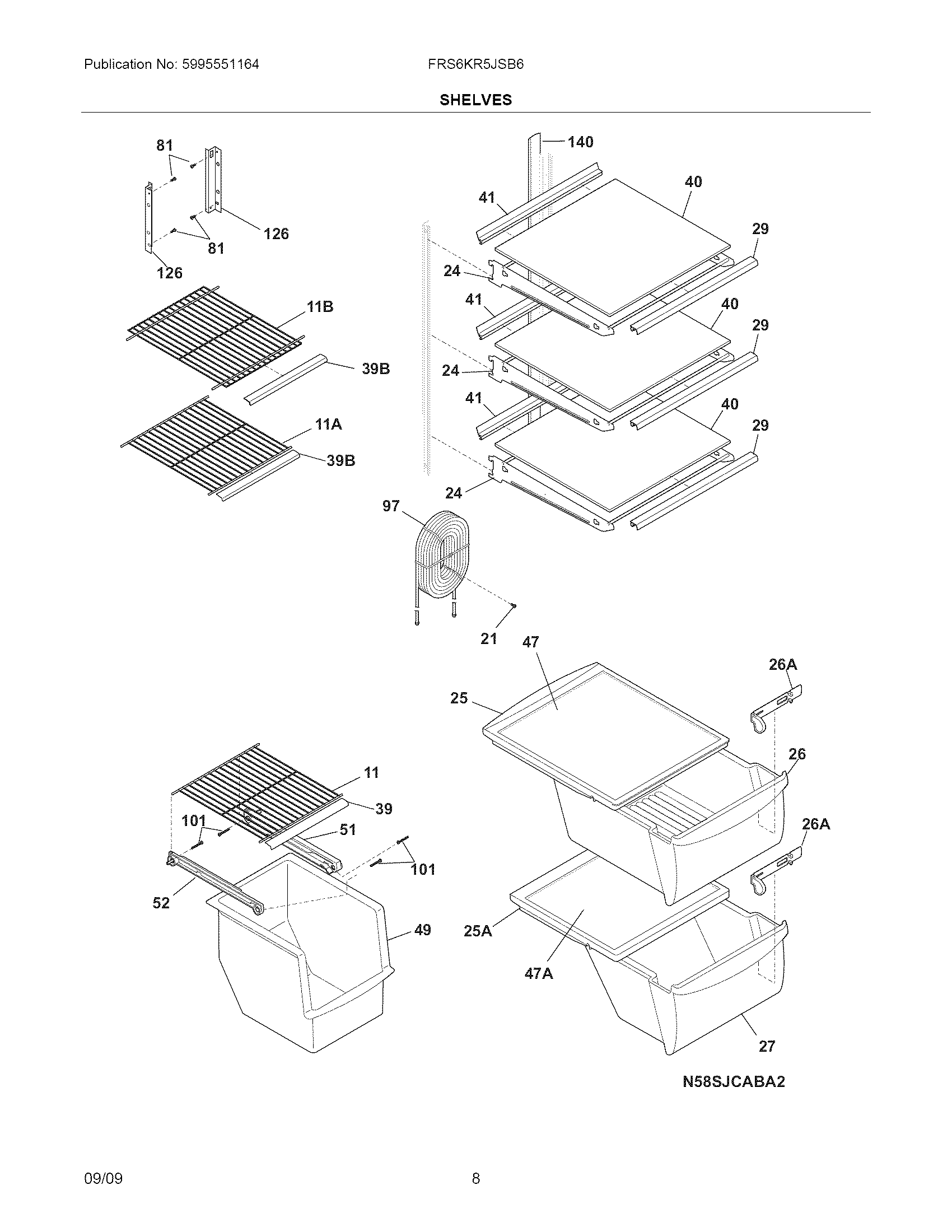 Frigidaire FRS6KR5JSB6 shelves diagram