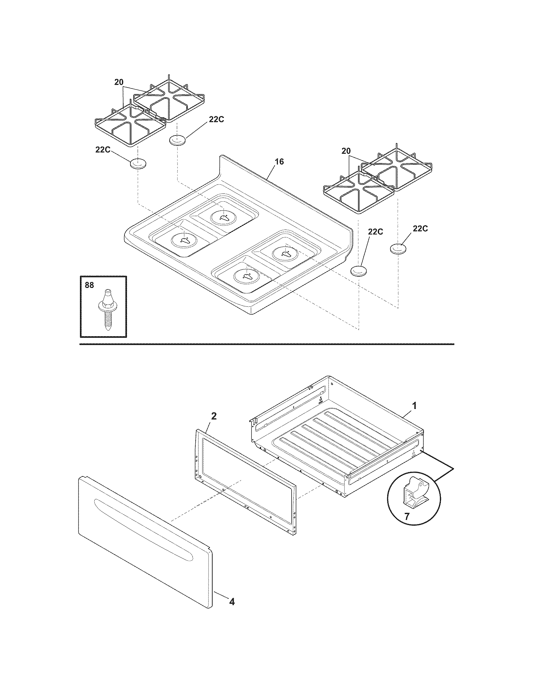 Tappan TGF351ESP top/drawer diagram