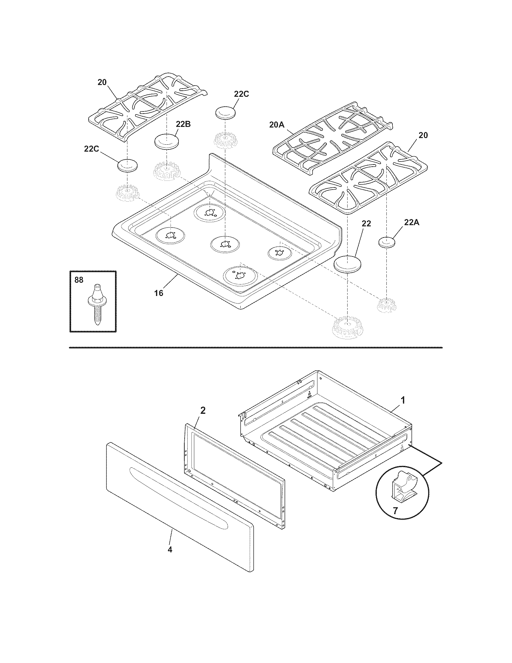 Frigidaire BGGF3031KWB top/drawer diagram