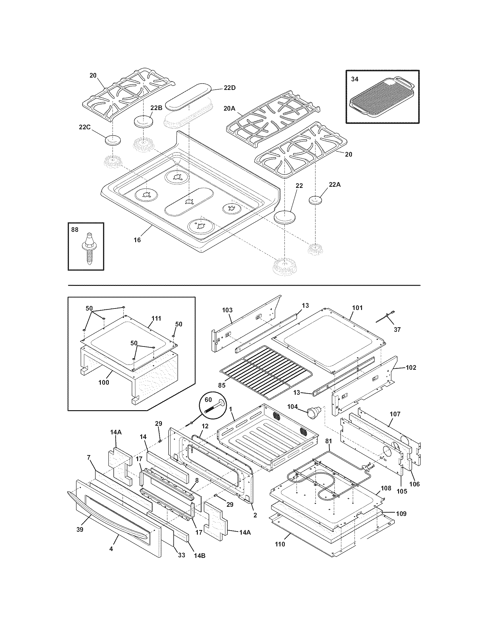 Frigidaire LGGF305MKFC top/drawer diagram