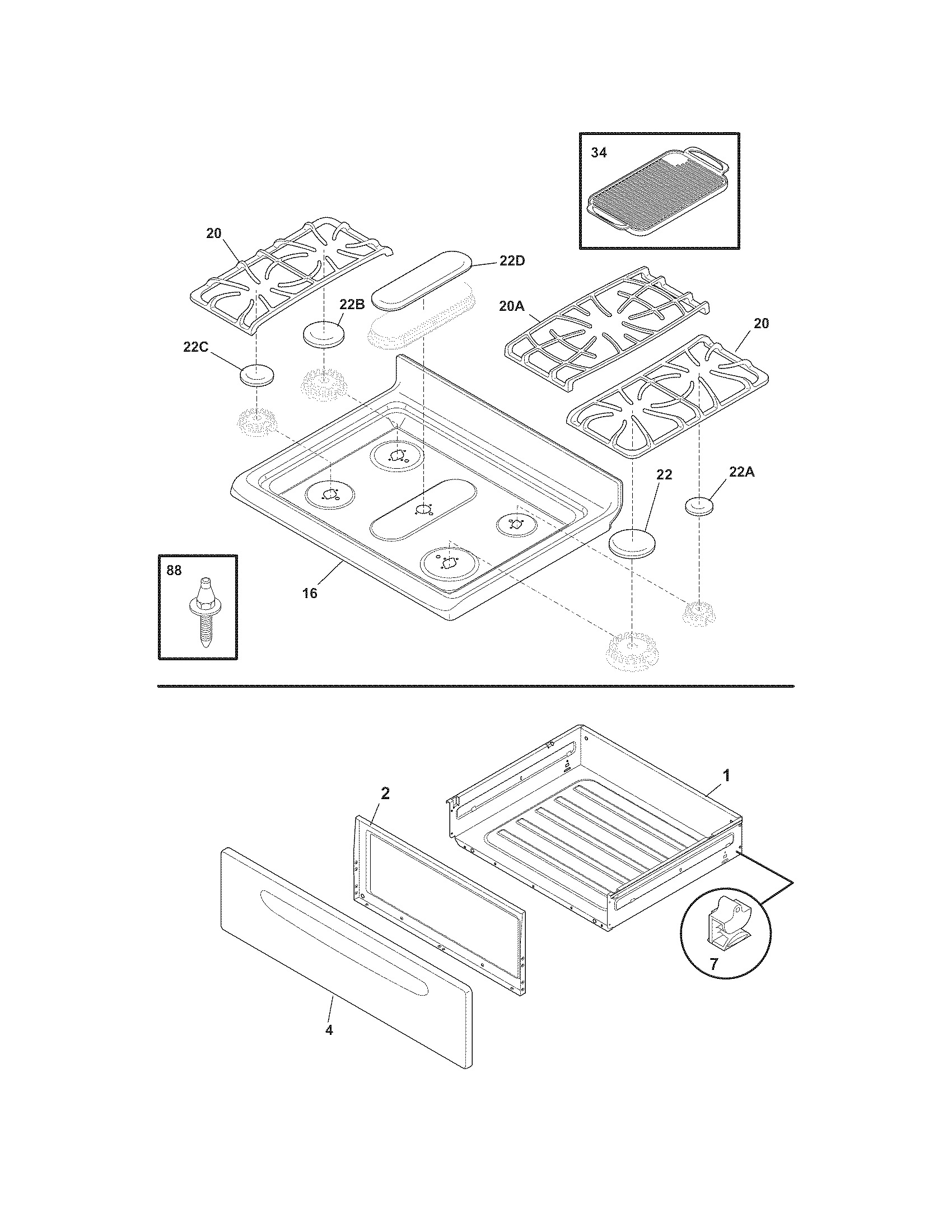 Frigidaire DGGF3032KWB top/drawer diagram