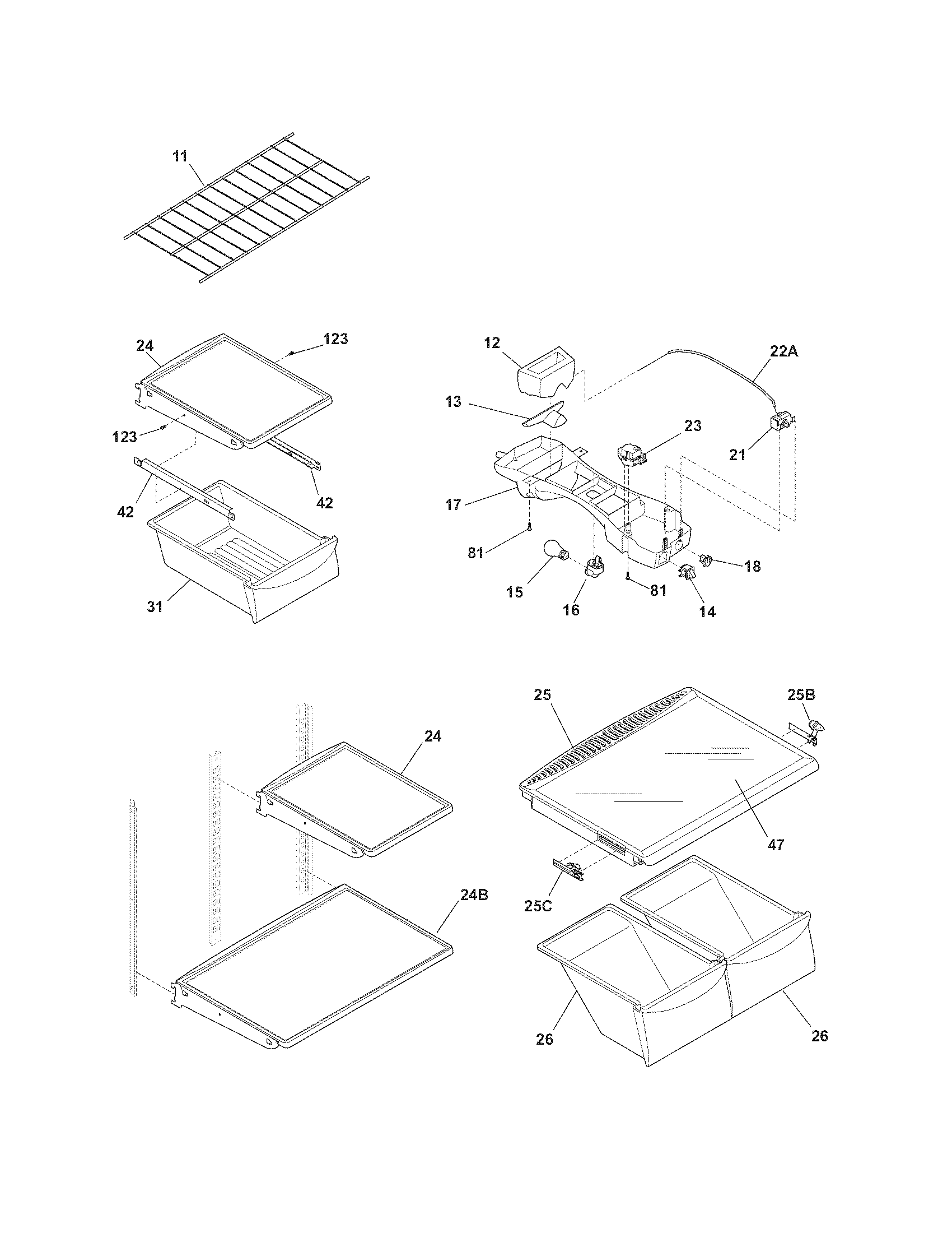 Frigidaire FGHT2134KB1 shelves diagram