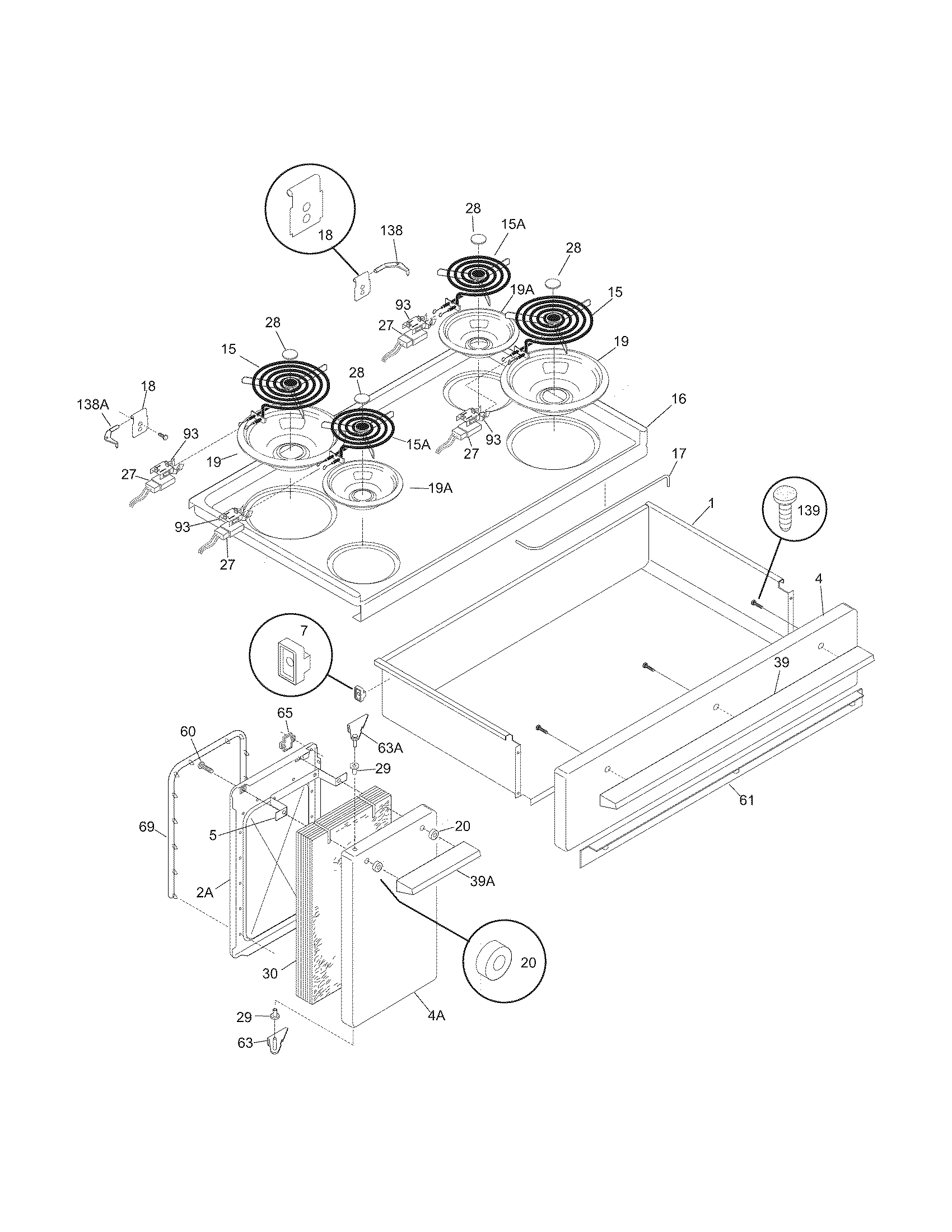 Frigidaire FEF450BWG top/drawer/small door diagram