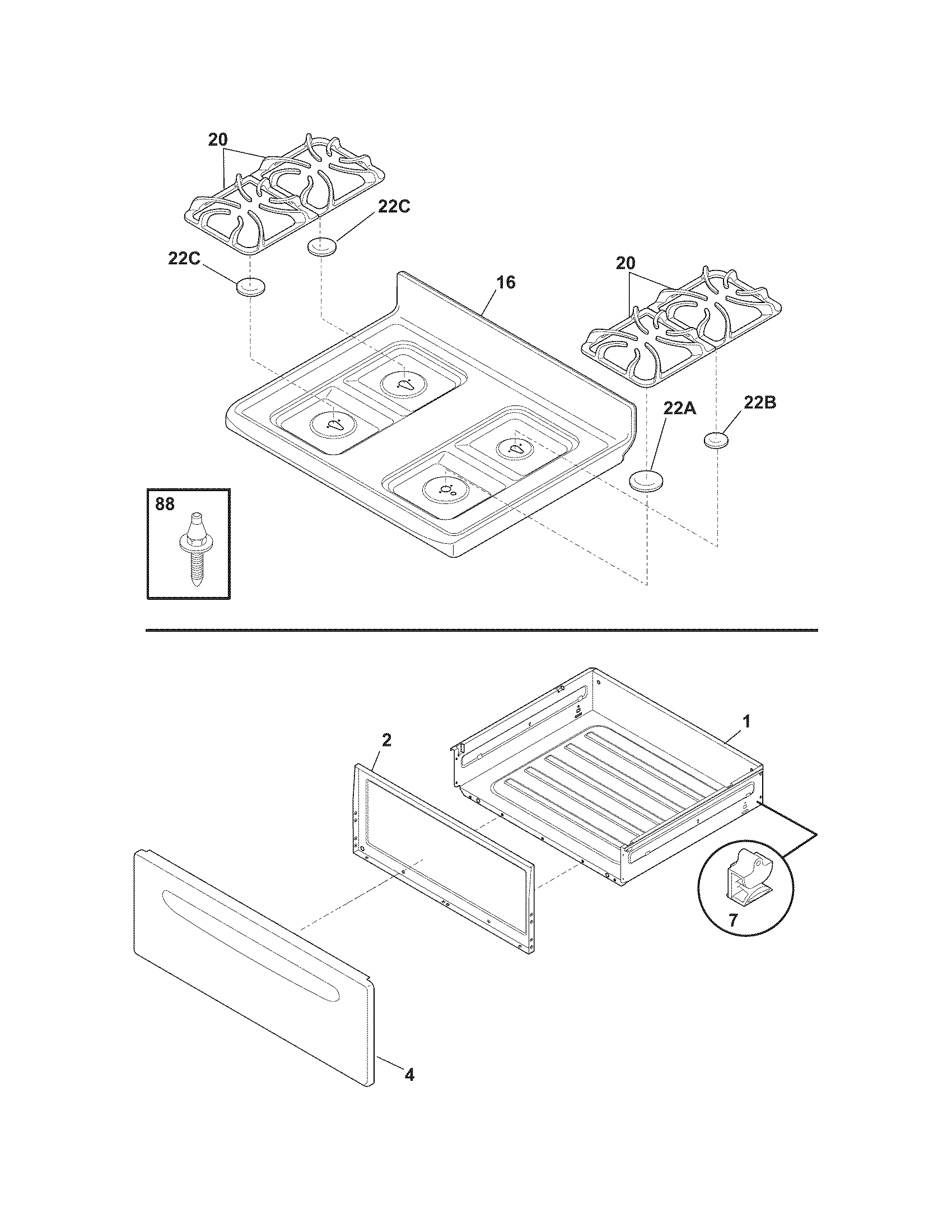 Frigidaire GLGF376DSR top/drawer diagram