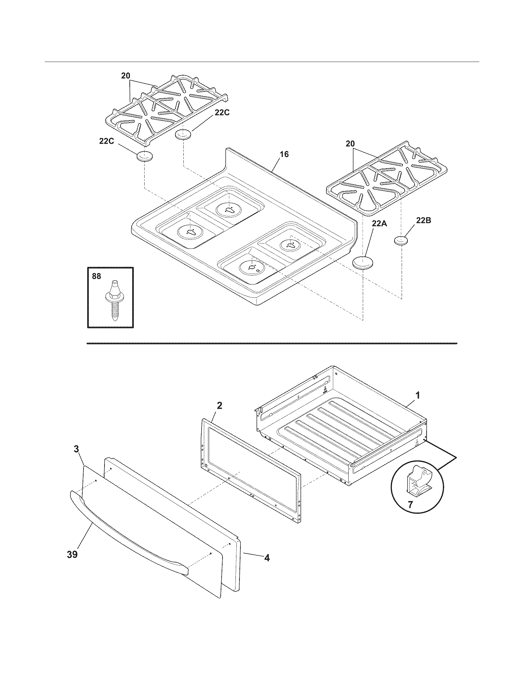 Frigidaire CFGF368GCH top/drawer diagram