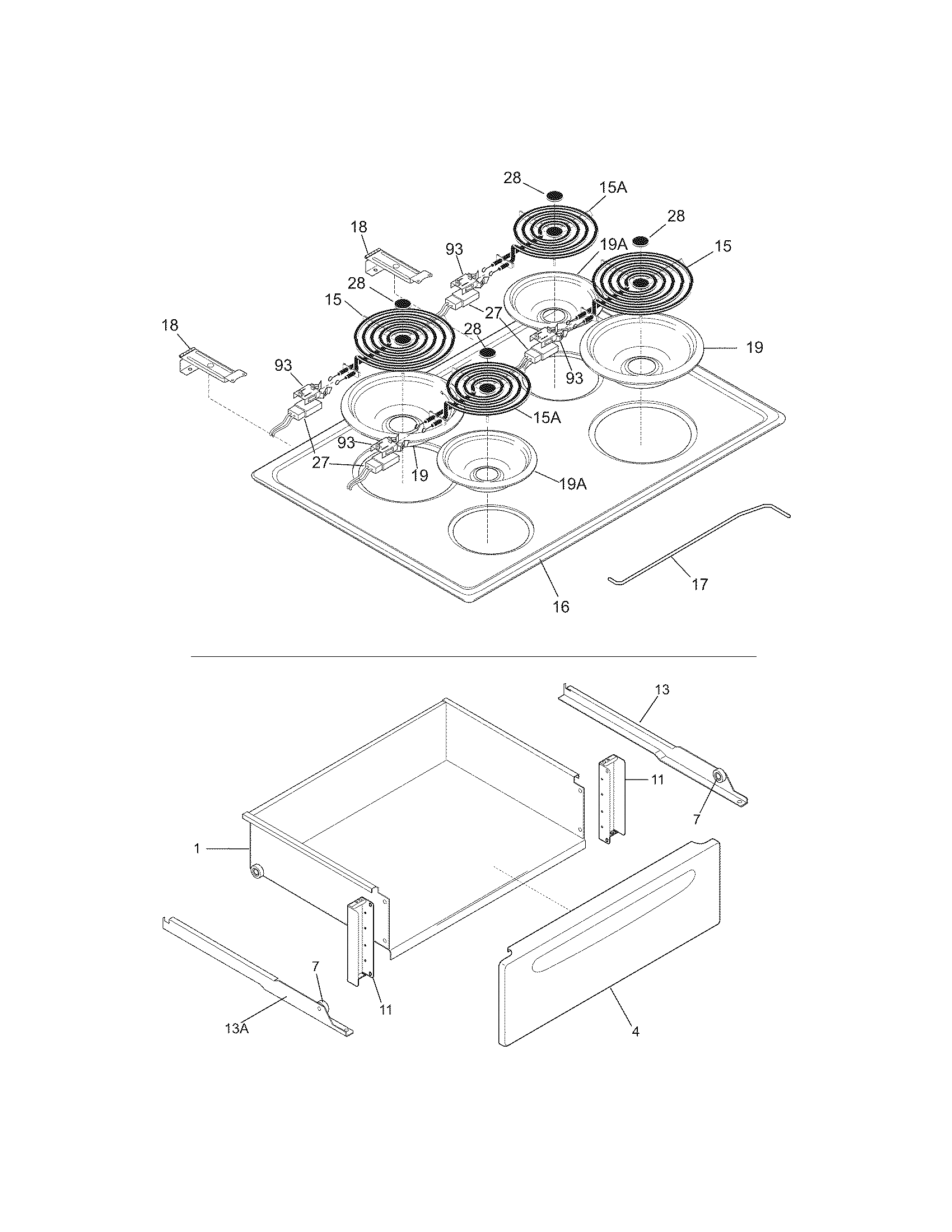 Frigidaire FES300EBE top/drawer diagram