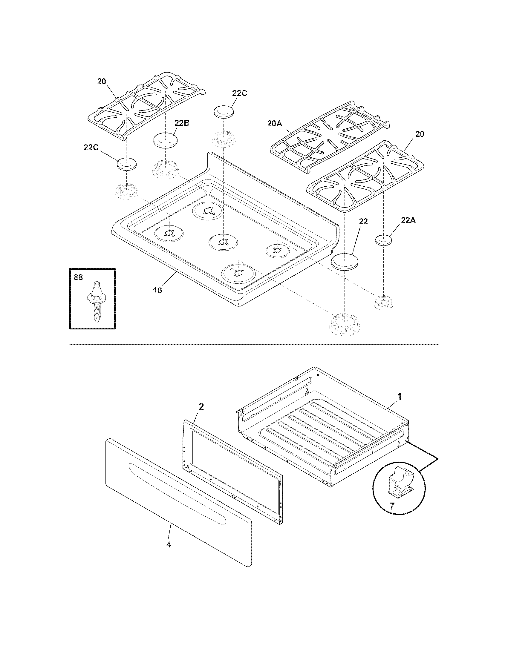 Frigidaire BGGF3031KWC top/drawer diagram