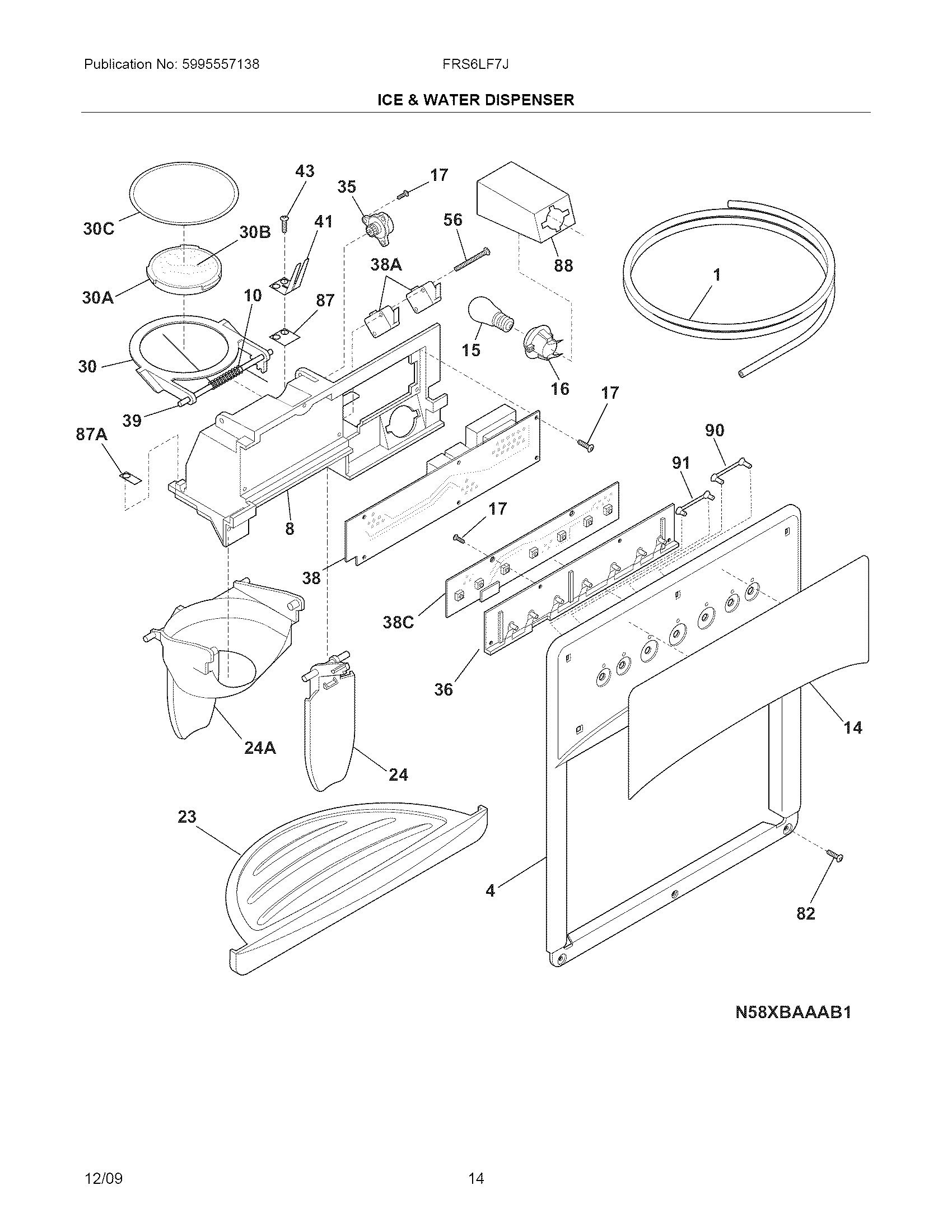 Frigidaire FRS6LF7JW0 ice & water dispenser diagram