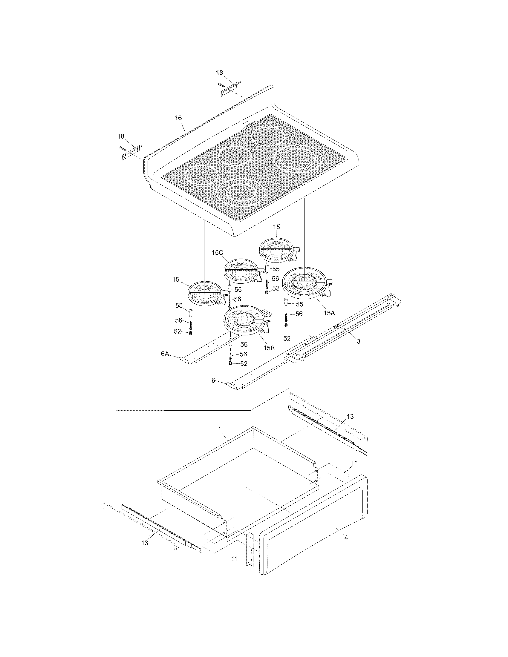 Frigidaire PGLEF385CB3 top/drawer diagram