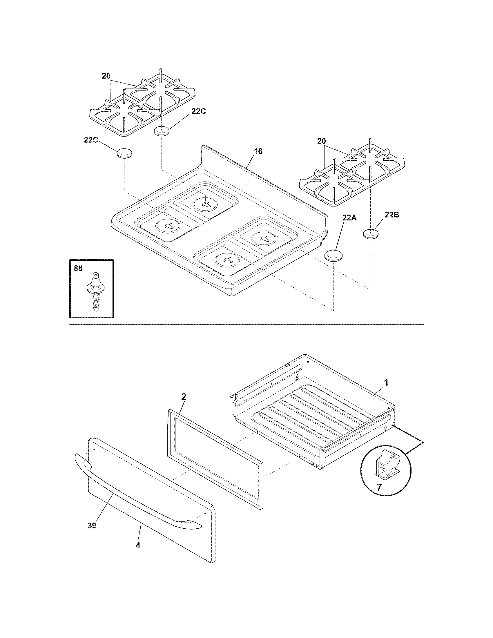 Frigidaire CFGF368GMG top/drawer diagram
