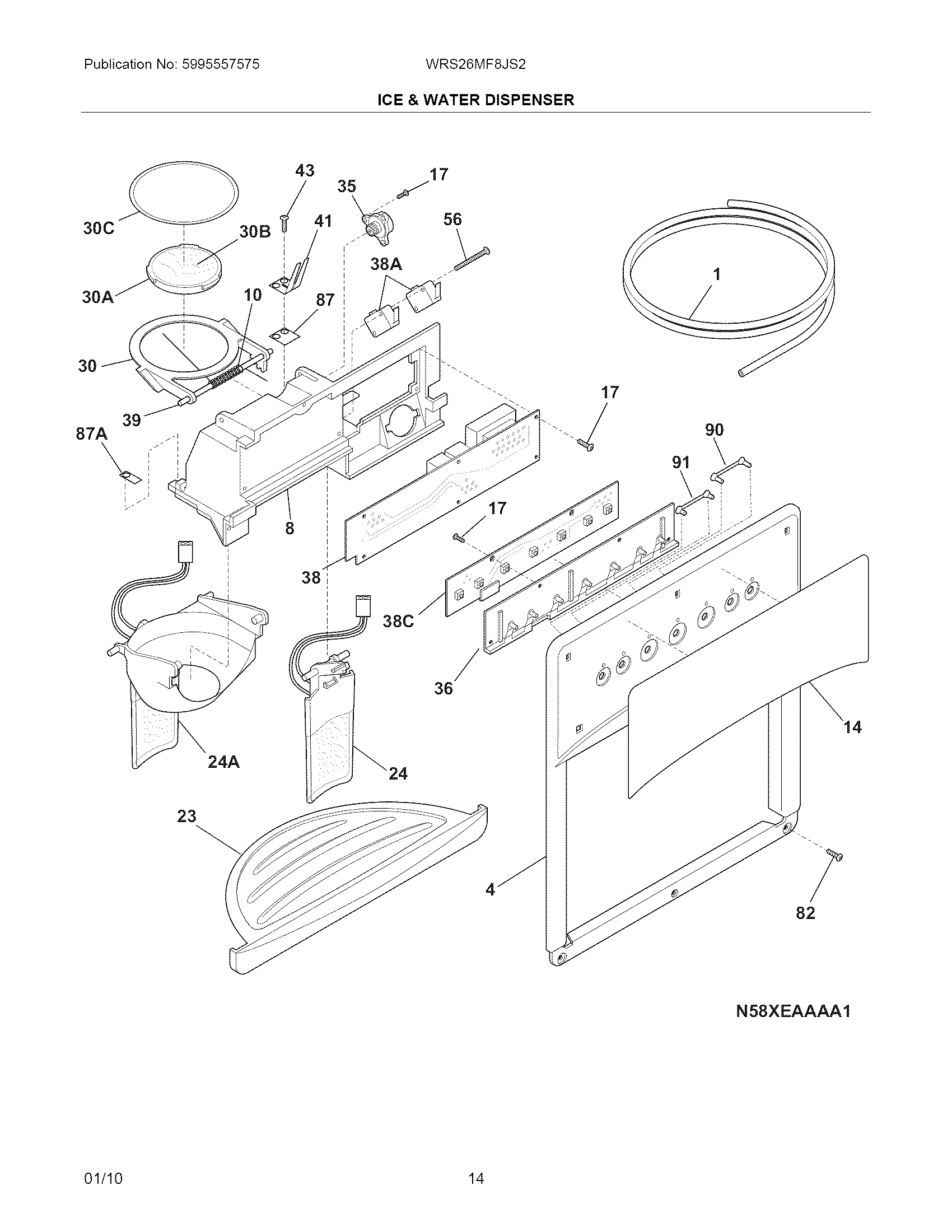 White-Westinghouse WRS26MF8JS2 ice & water dispenser diagram