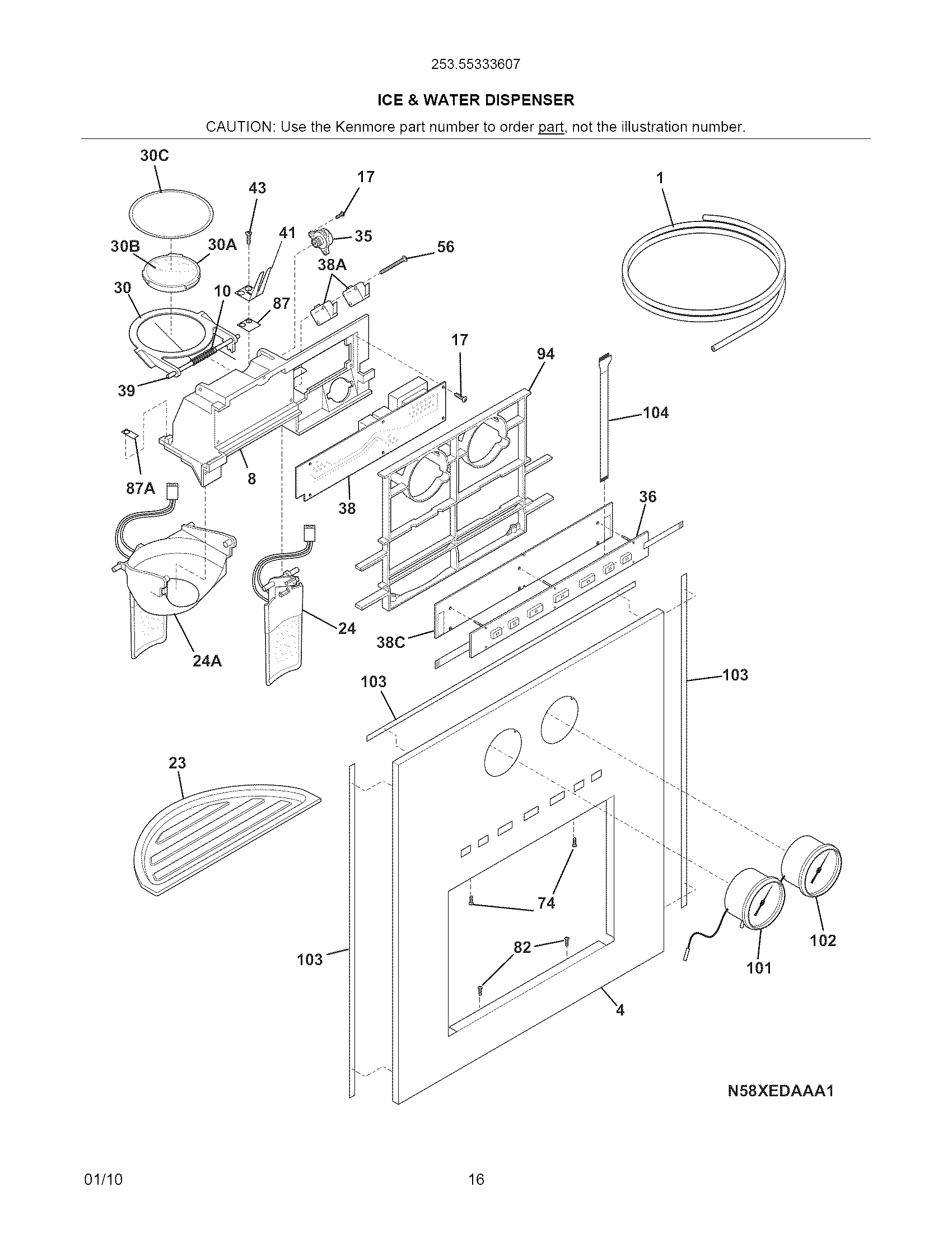 Kenmore Pro 25355333607 ice & water dispenser diagram