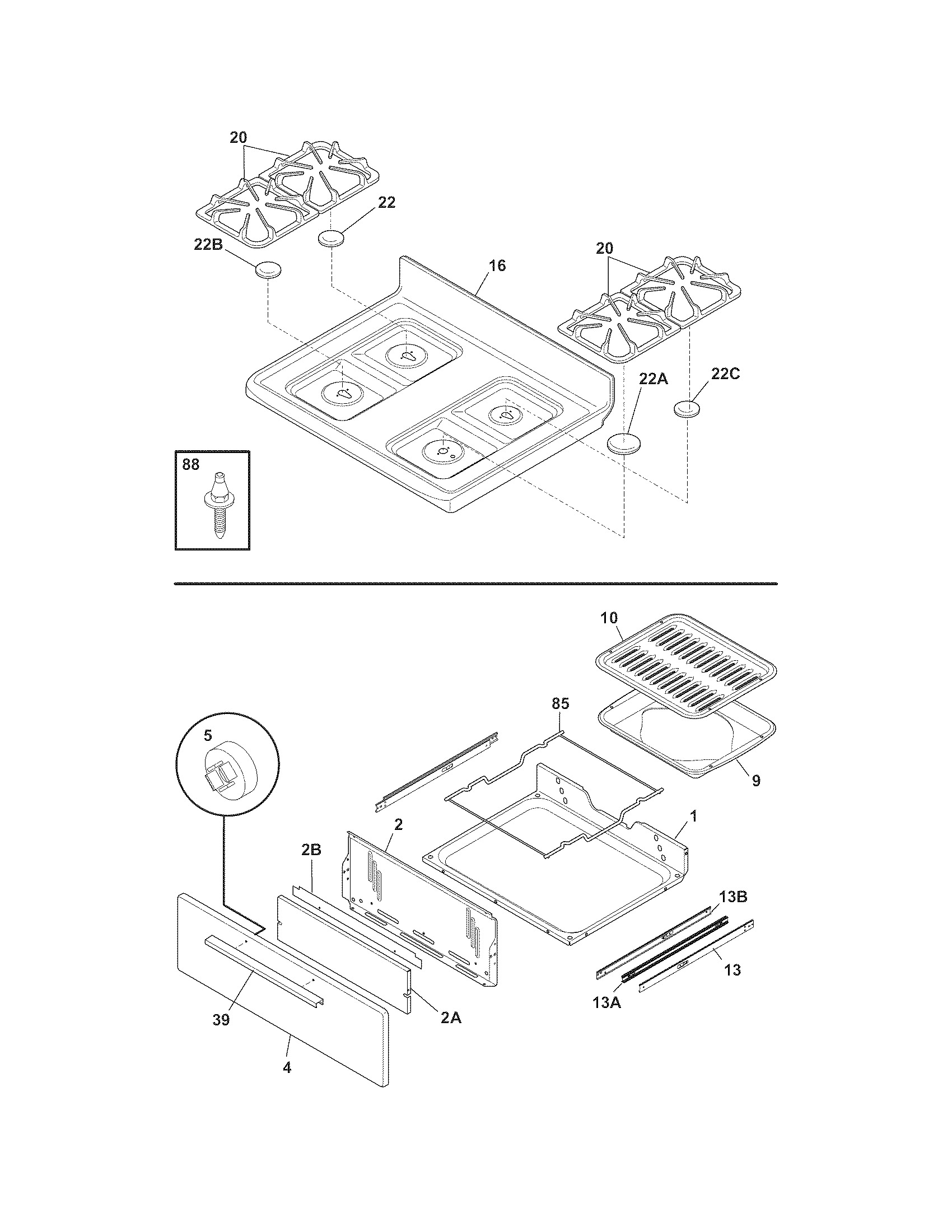 Crosley CRG3160GWWA top/drawer diagram