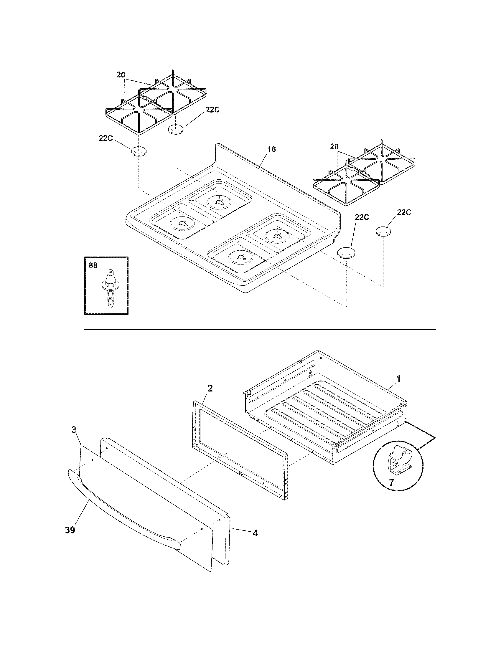 Frigidaire FGF364KCD top/drawer diagram