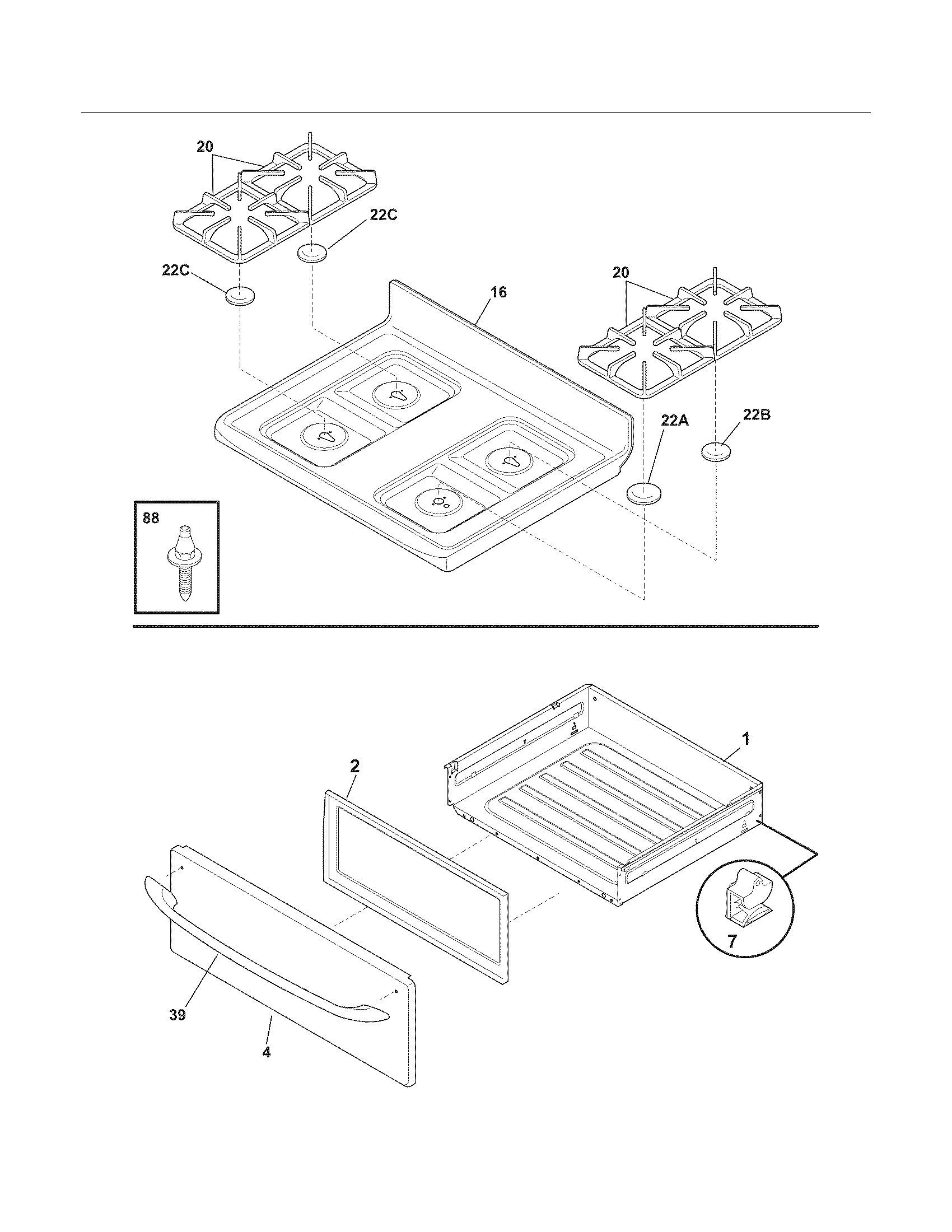 Frigidaire CFGF368GMH top/drawer diagram