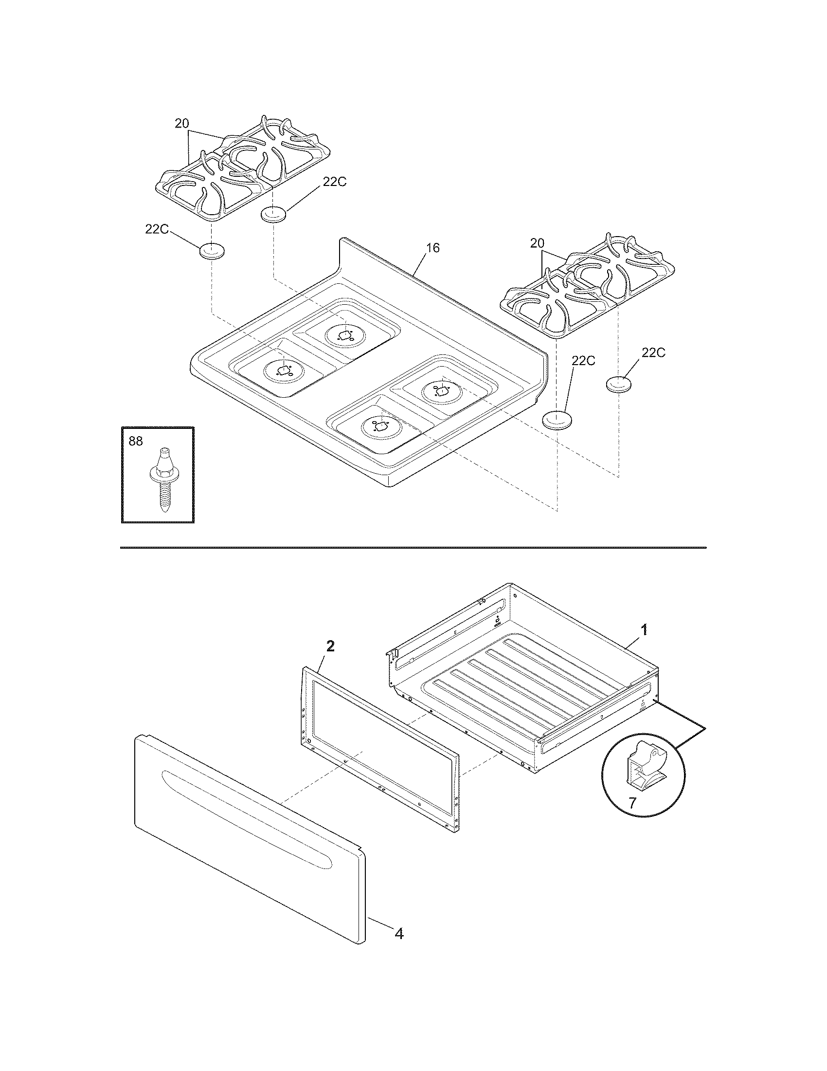 Frigidaire FFGF3021LWA top/drawer diagram