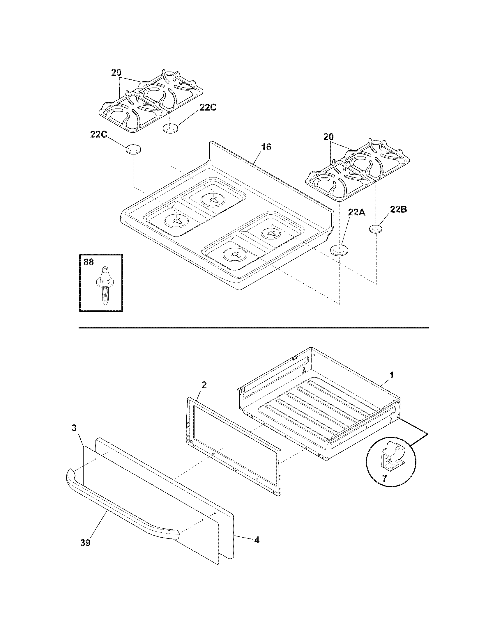 Frigidaire FFGF3053LSA top/drawer diagram