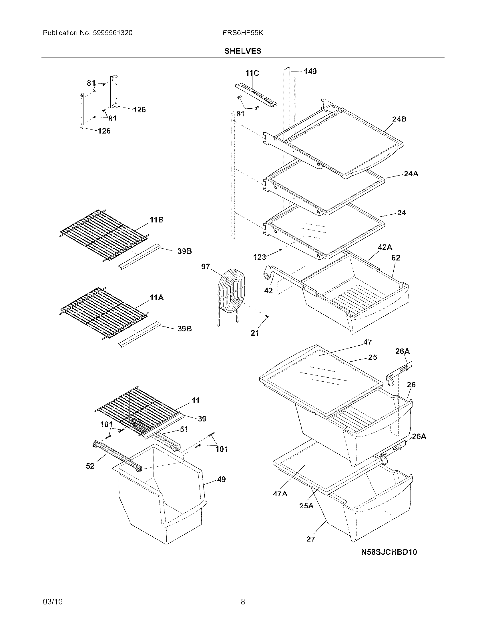 Frigidaire FRS6HF55KW1 shelves diagram
