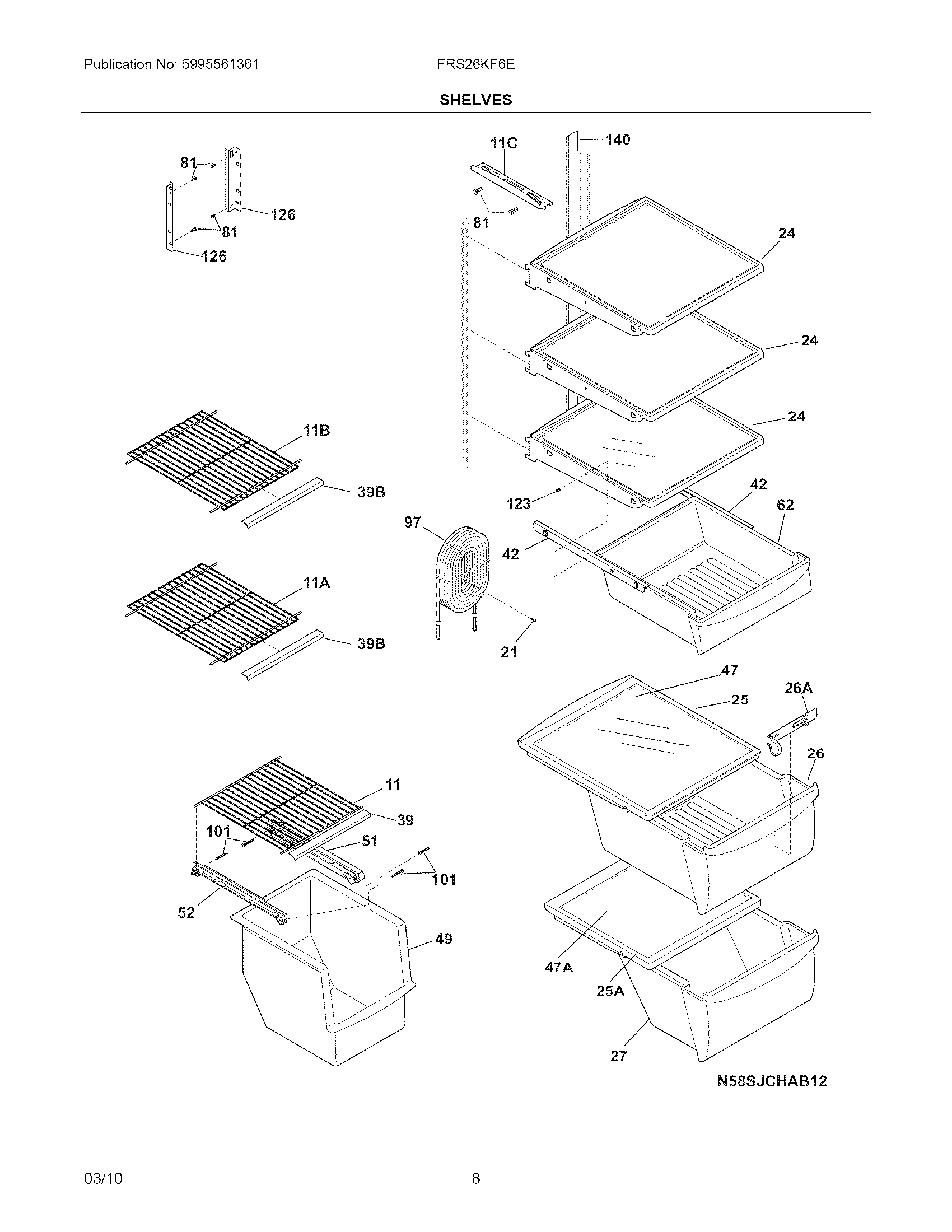 Frigidaire FRS26KF6EBK shelves diagram