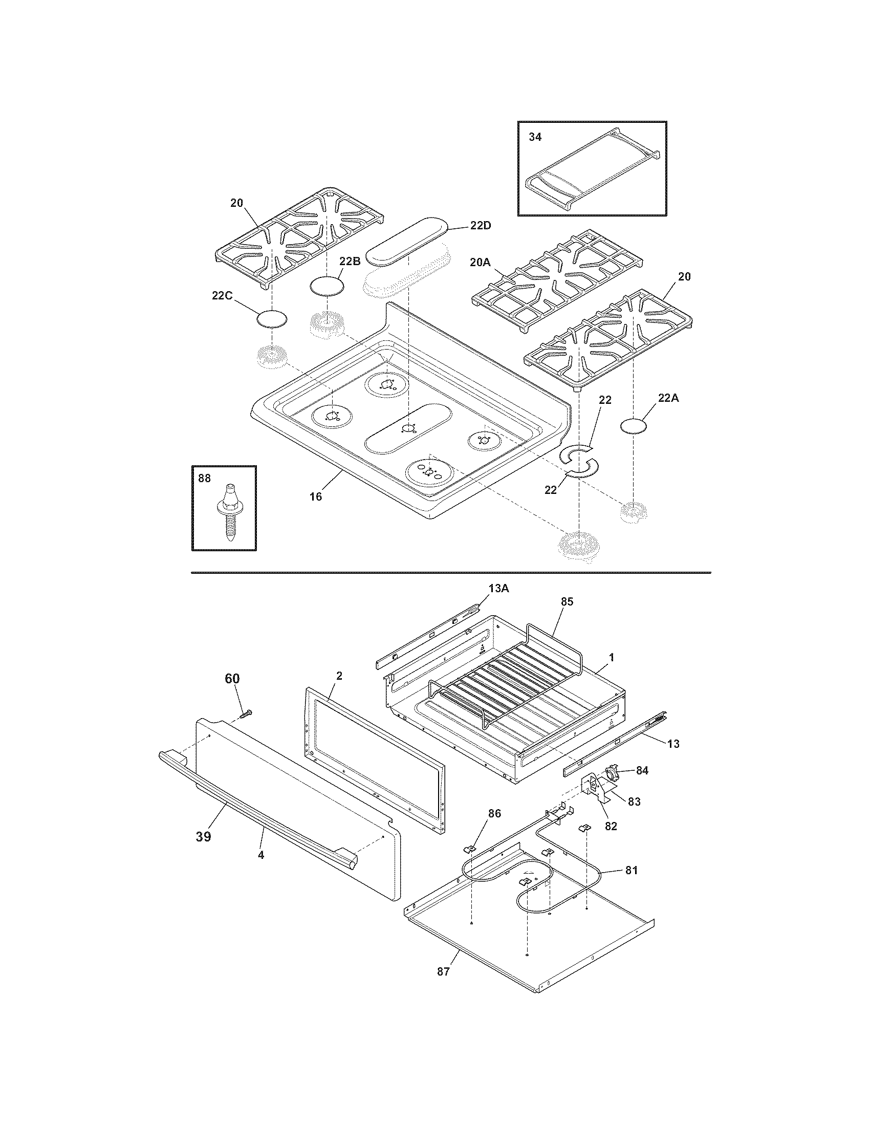 Frigidaire FPGF3081KFF top/drawer diagram