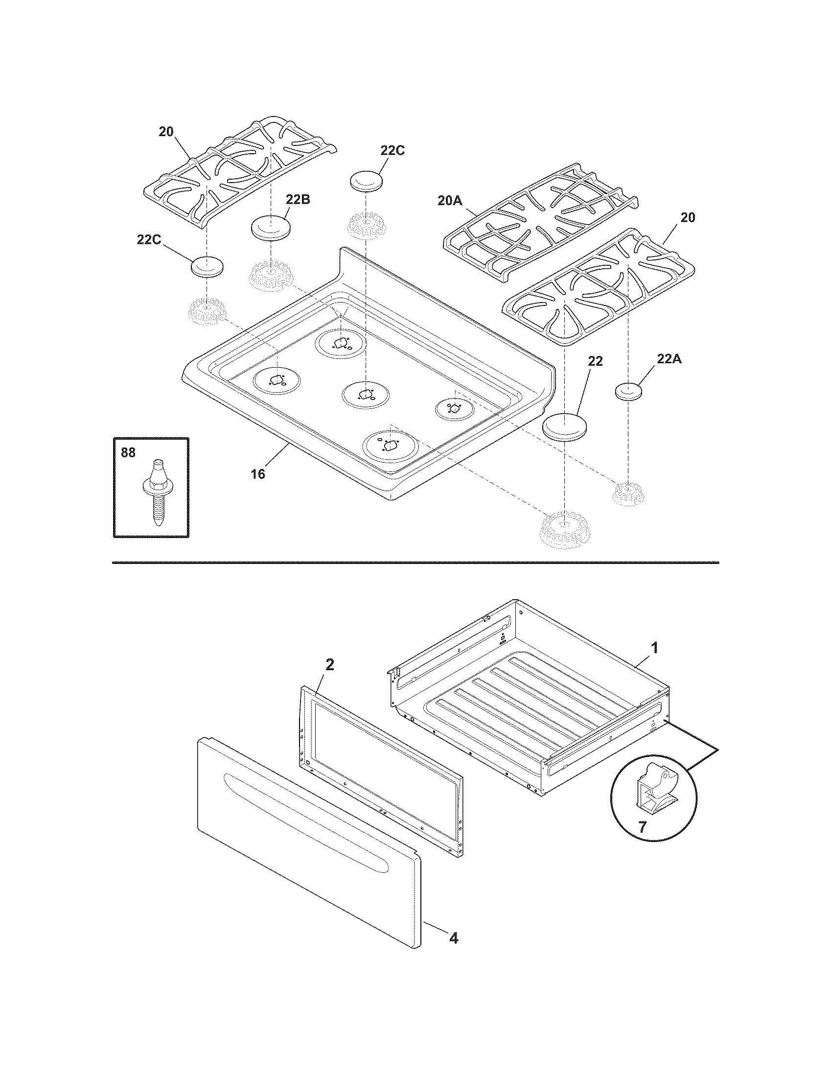 Frigidaire BGGF3031KWF top/drawer diagram