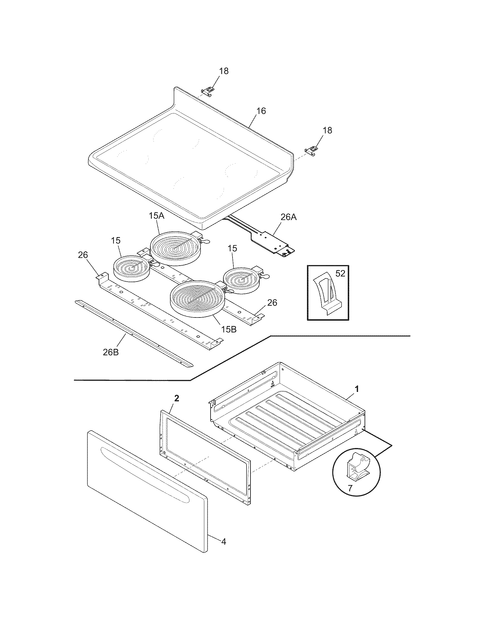 Frigidaire FFEF3012LWA top/drawer diagram