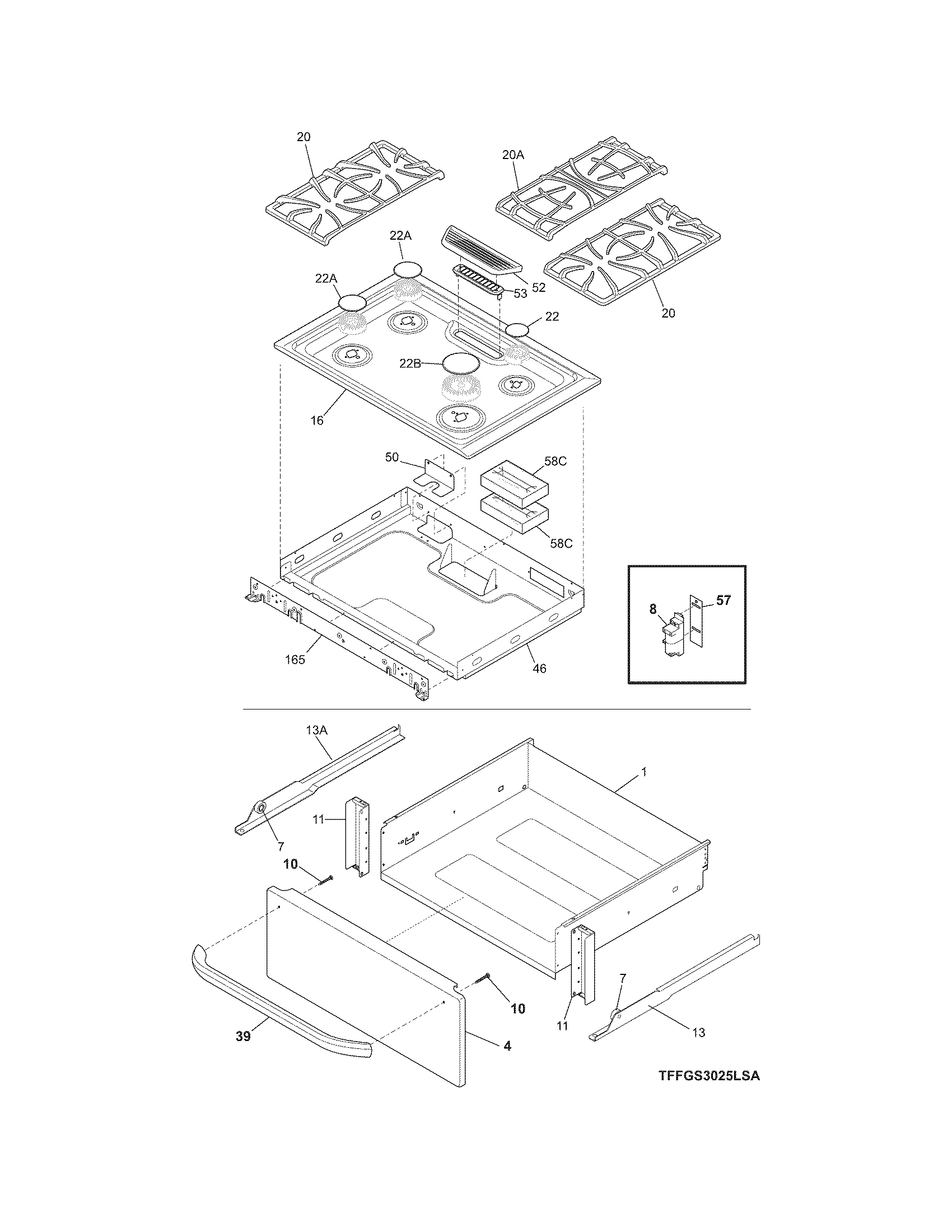 Frigidaire FFGS3025LSA top/drawer diagram