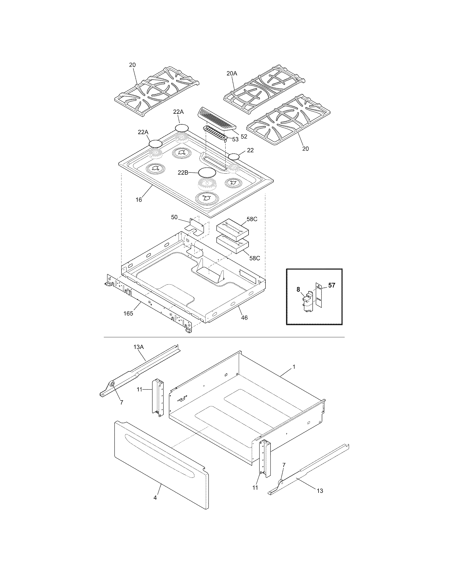 Frigidaire FFGS3025LWA top/drawer diagram