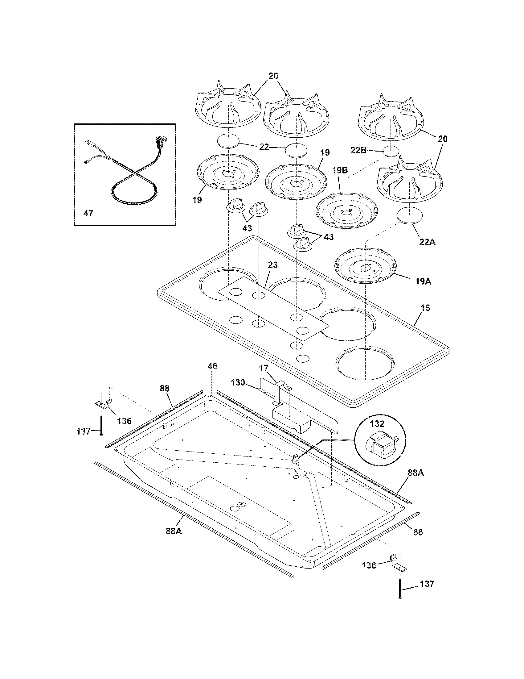 Frigidaire FFGC3613LBA maintop diagram