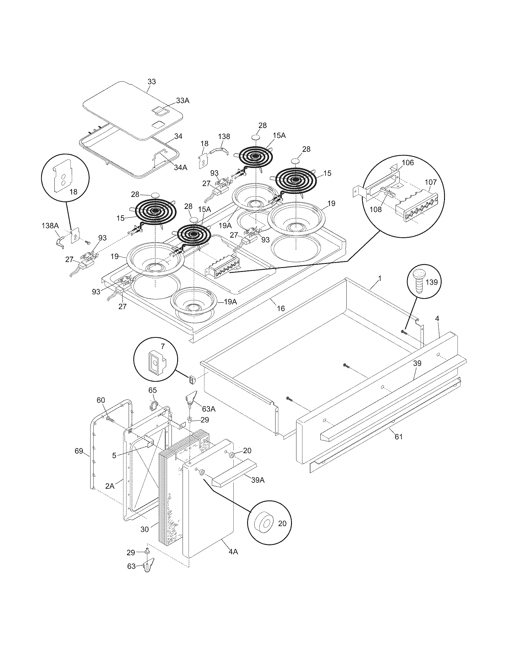Frigidaire FFEF4017LBB top/drawer/small door diagram