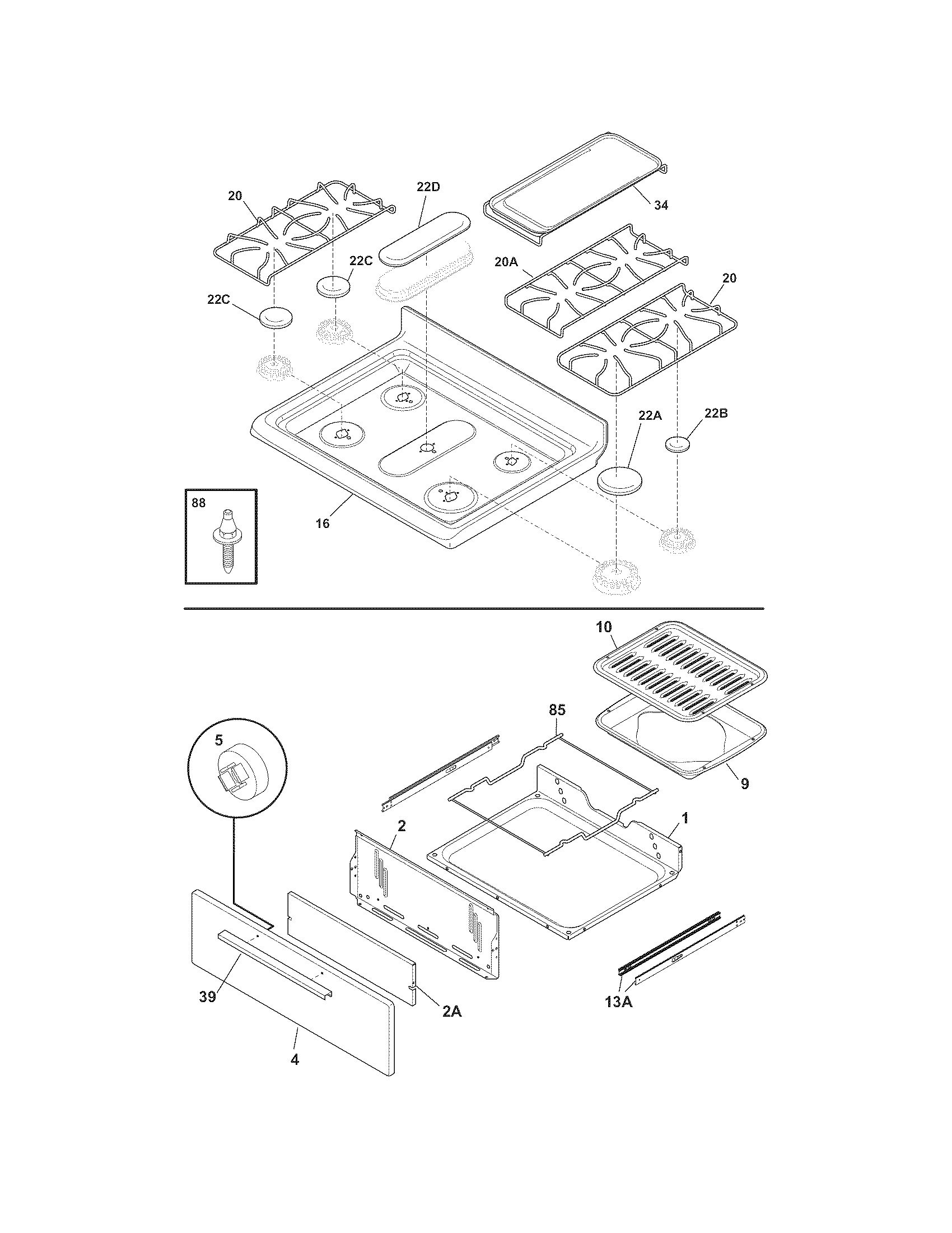 Crosley CRG3180LWA top/drawer diagram