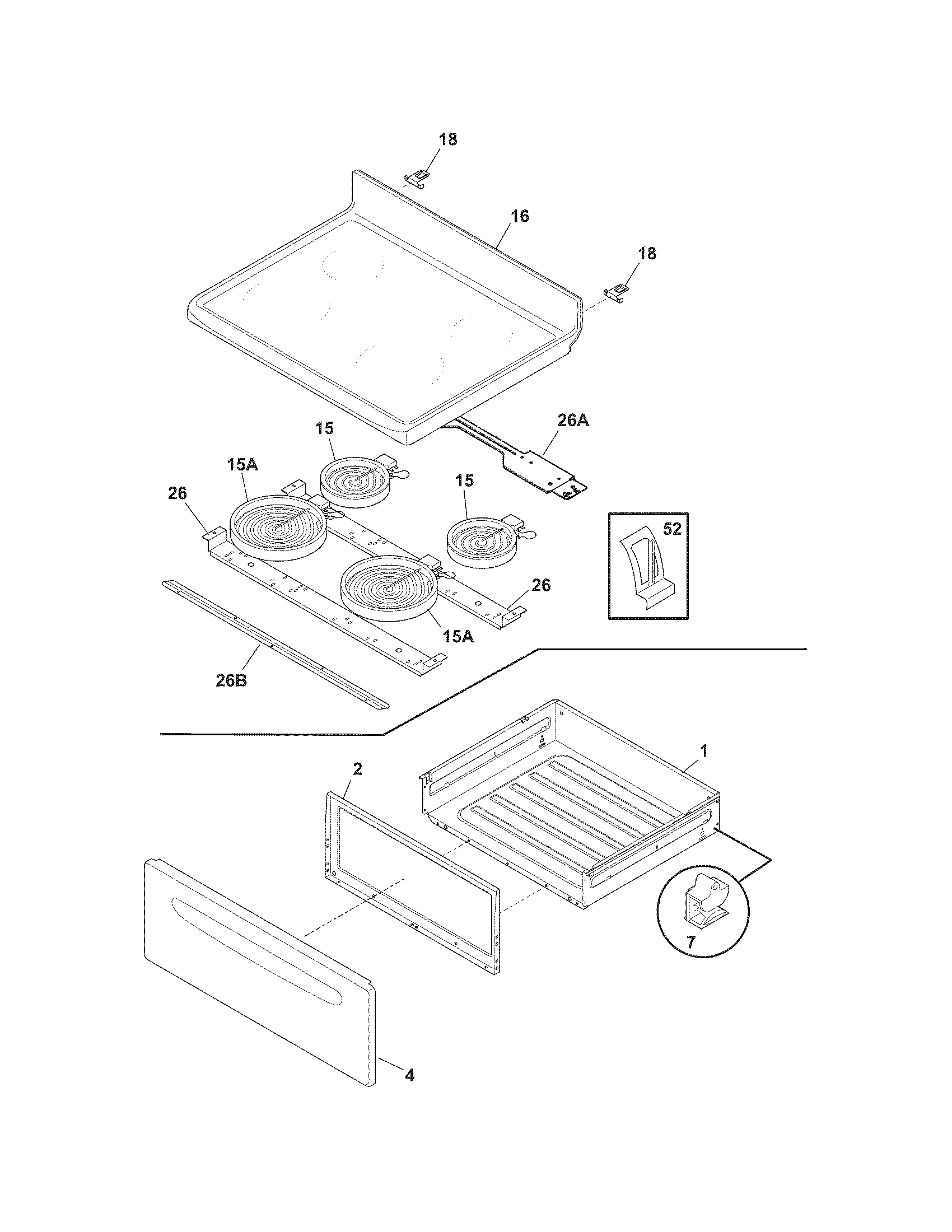 Frigidaire FEF366EBK top/drawer diagram