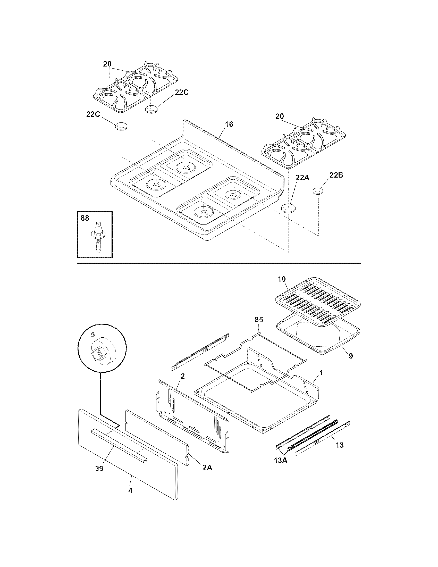Frigidaire CFGF3017LWA top/drawer diagram