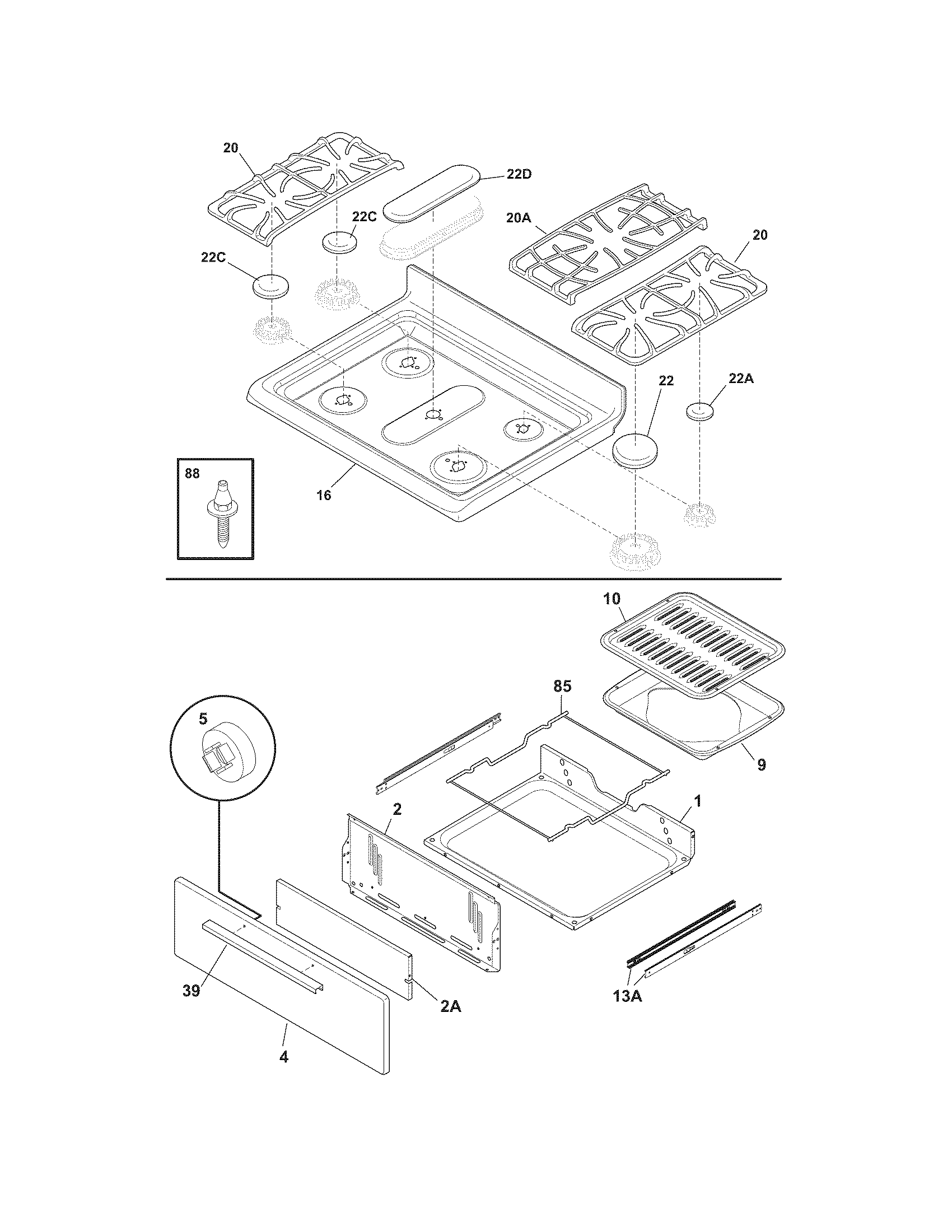 Frigidaire FFGF3019LWB top/drawer diagram