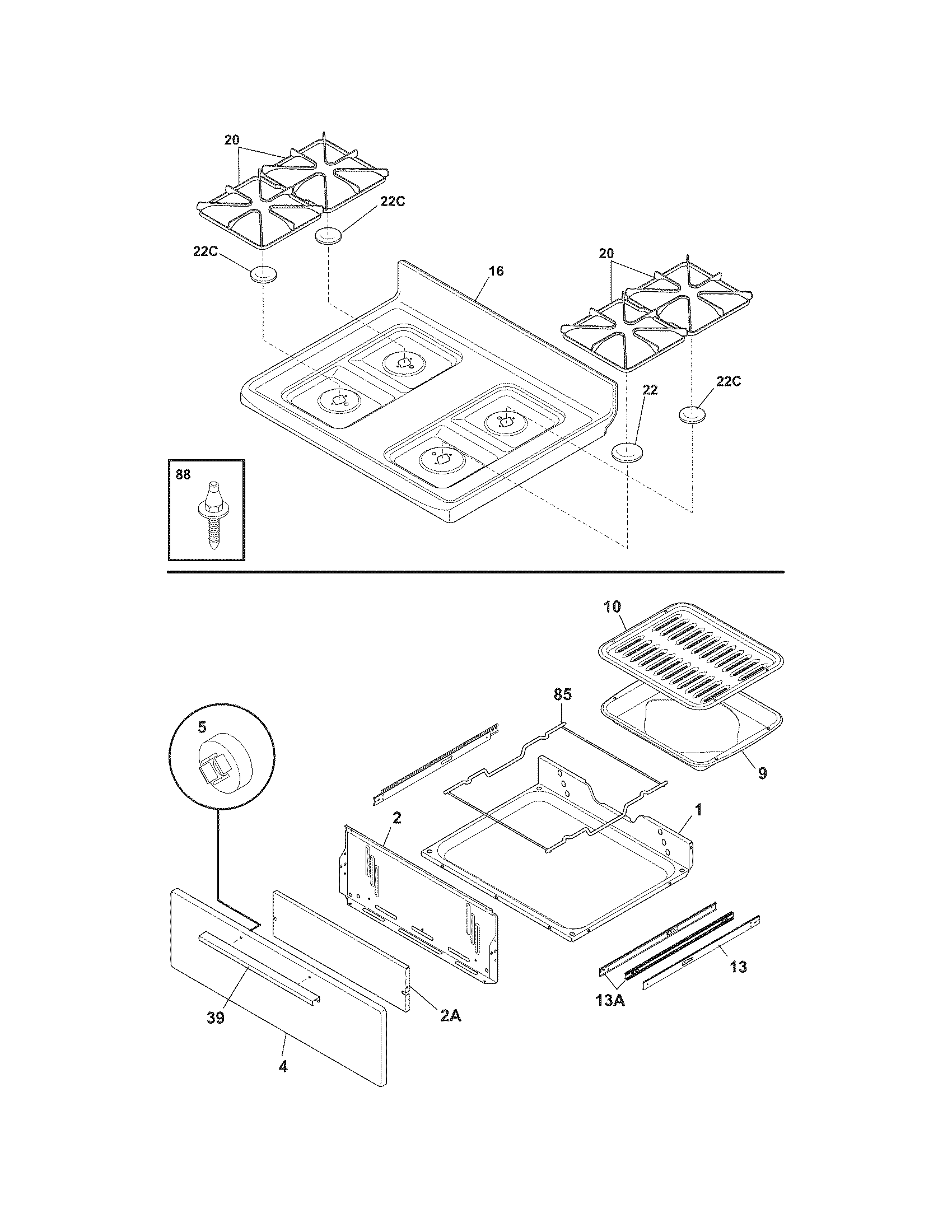 Frigidaire FFGF3015LBB top/drawer diagram