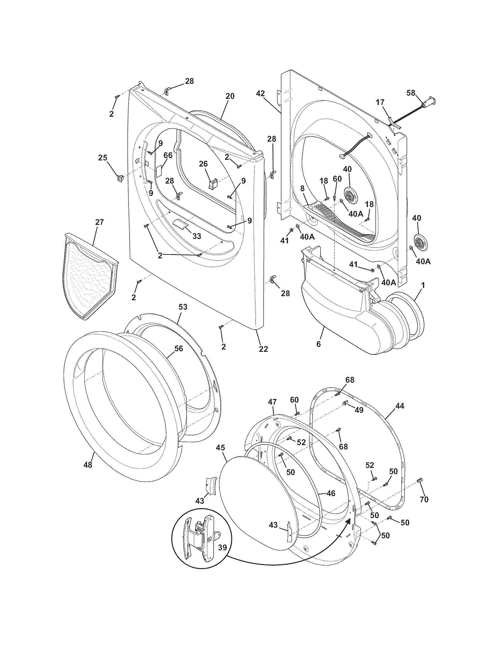 Frigidaire CASE7073LW0 front panel/lint filter diagram