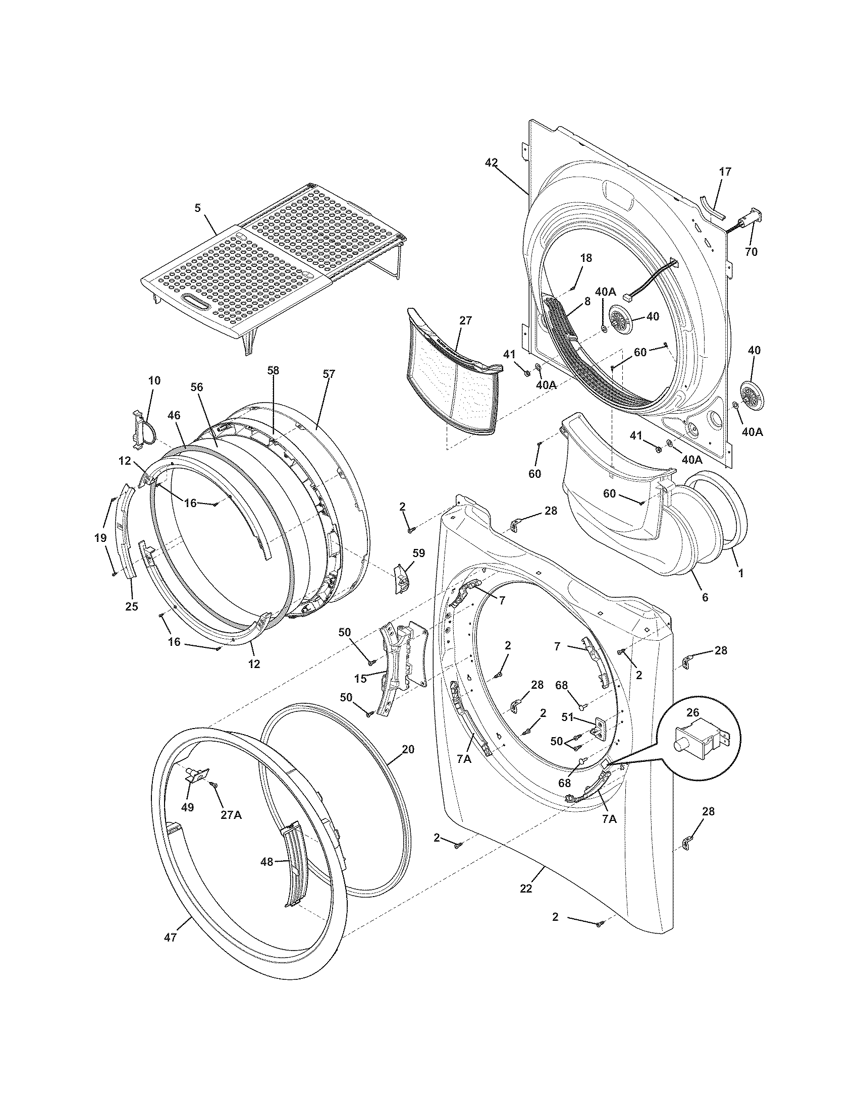 Electrolux EWMED7CJTS0 front panel/lint filter diagram
