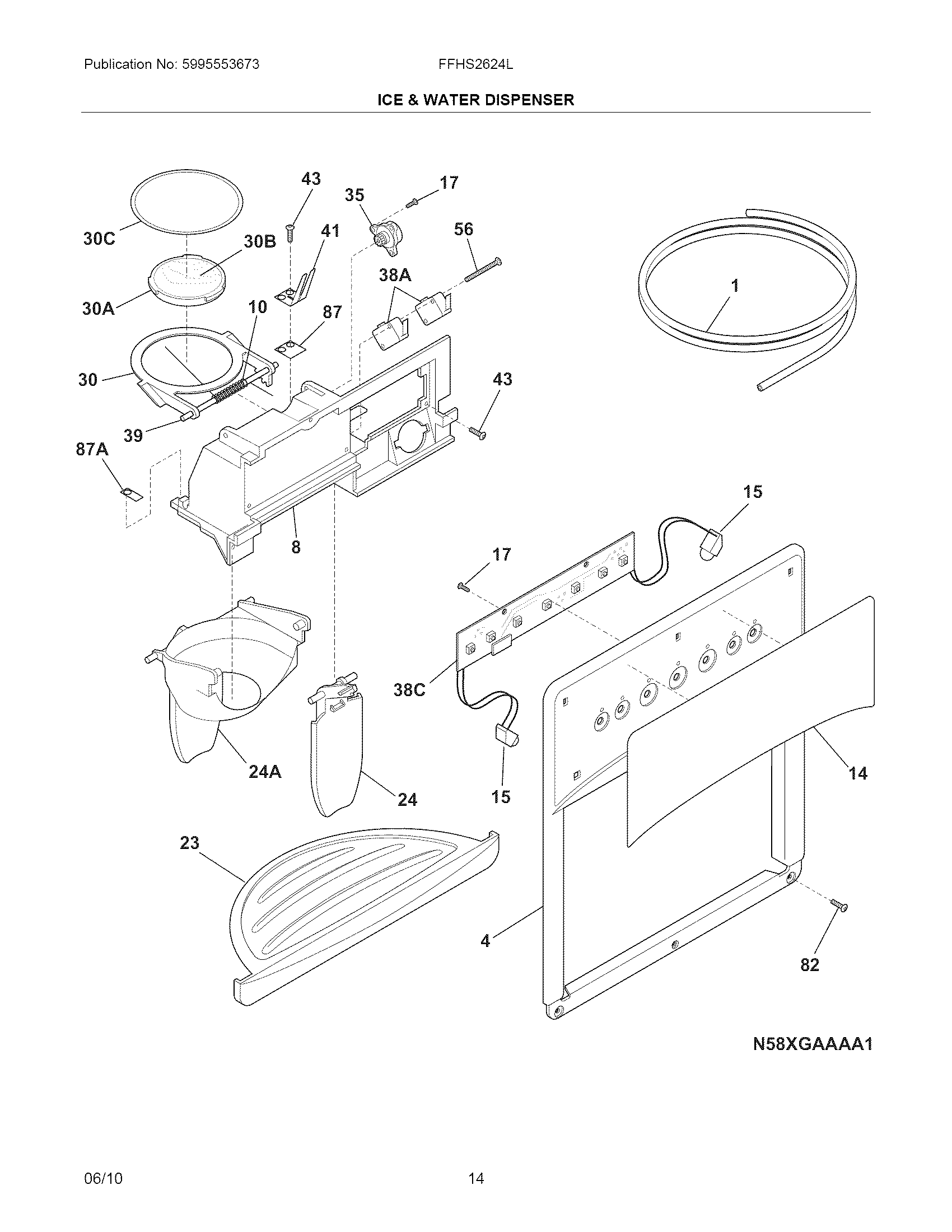 Frigidaire FFHS2624LS0 ice & water dispenser diagram