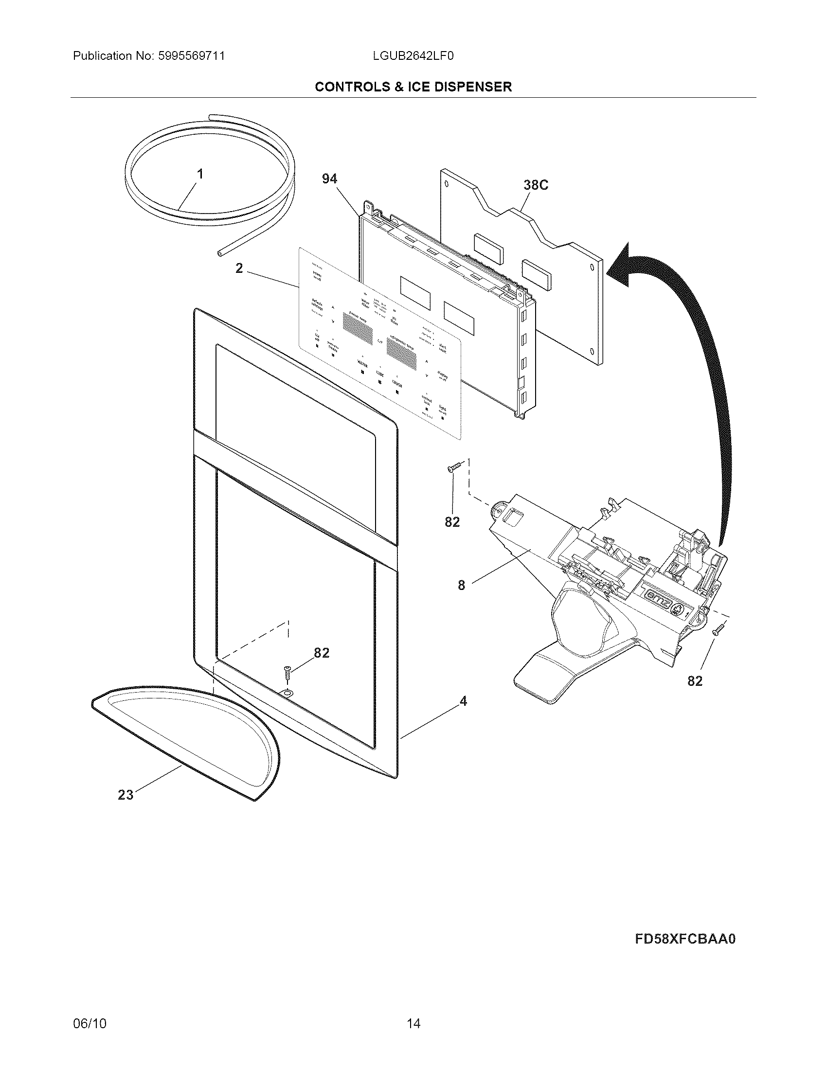 Frigidaire LGUB2642LF0 controls & ice dispenser diagram