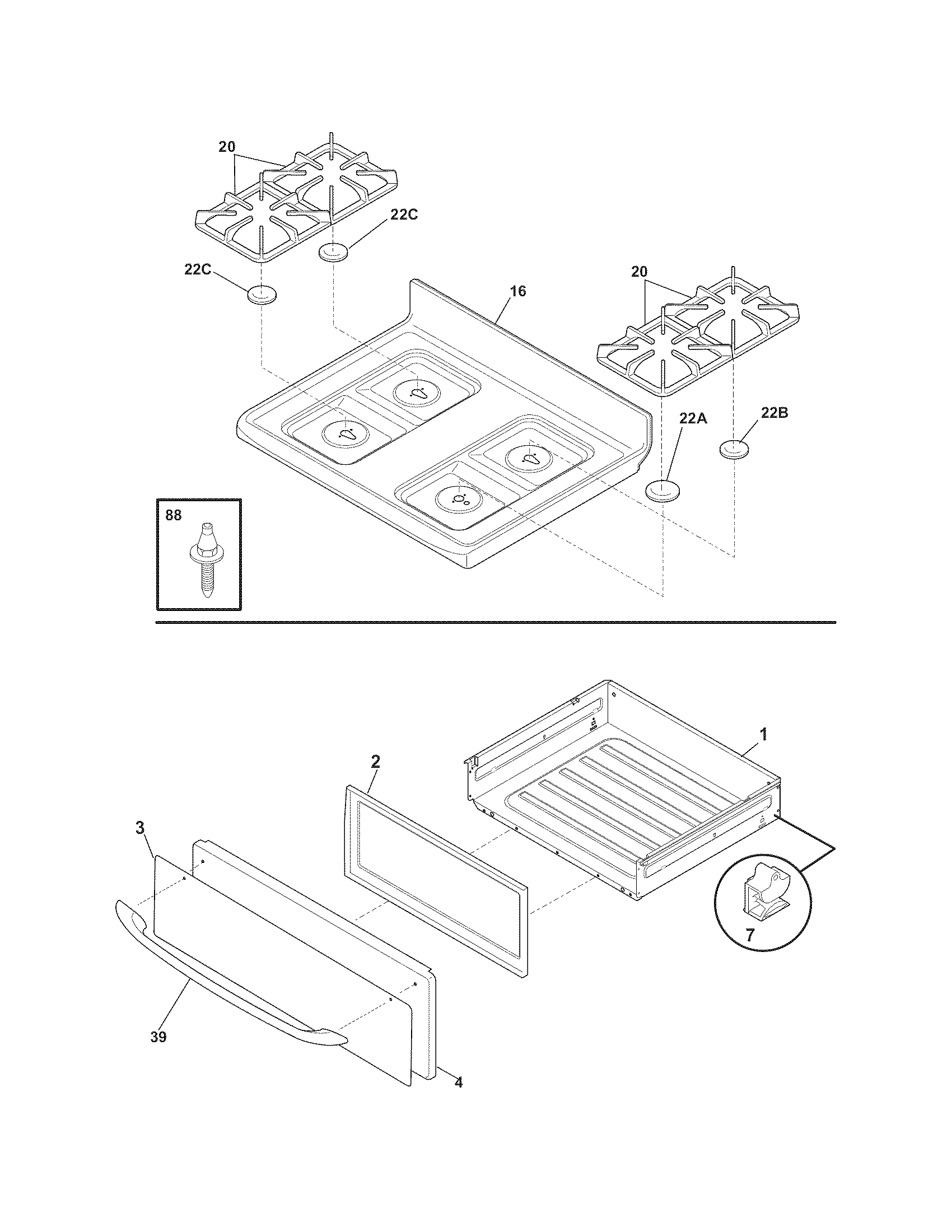 Frigidaire FGF368GCP top/drawer diagram