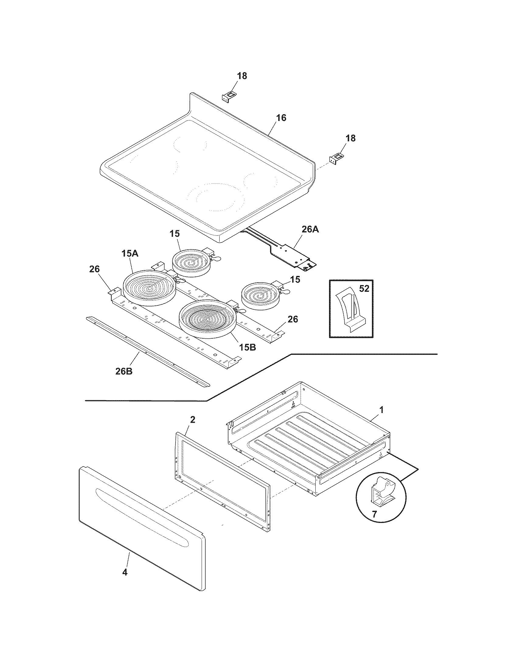 Frigidaire FFEF3013LBB top/drawer diagram