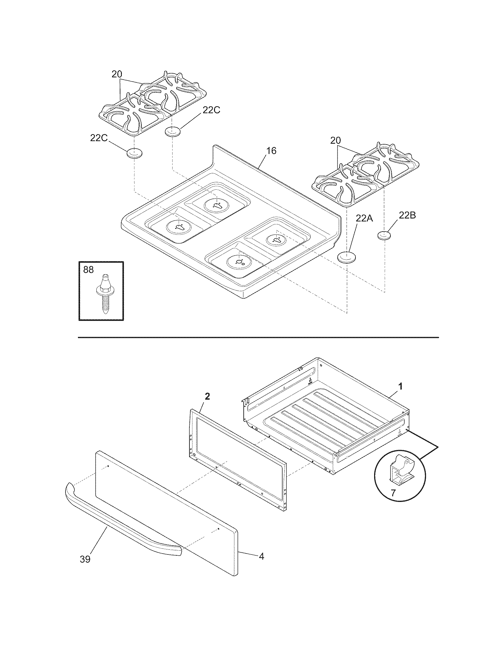 Frigidaire CFGF3053LSC top/drawer diagram