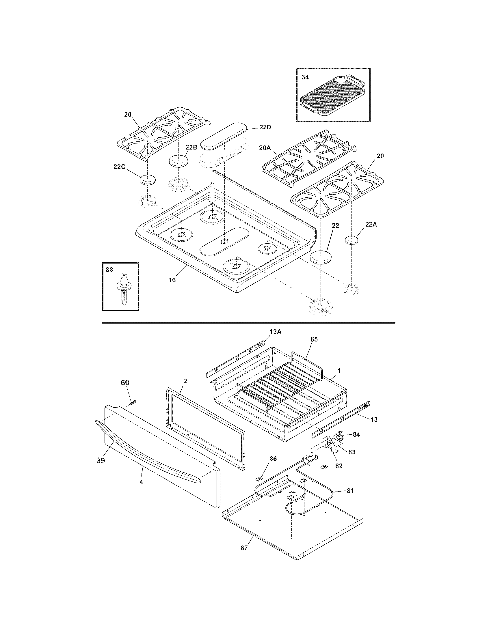 Frigidaire CGGF3076KWG top/drawer diagram