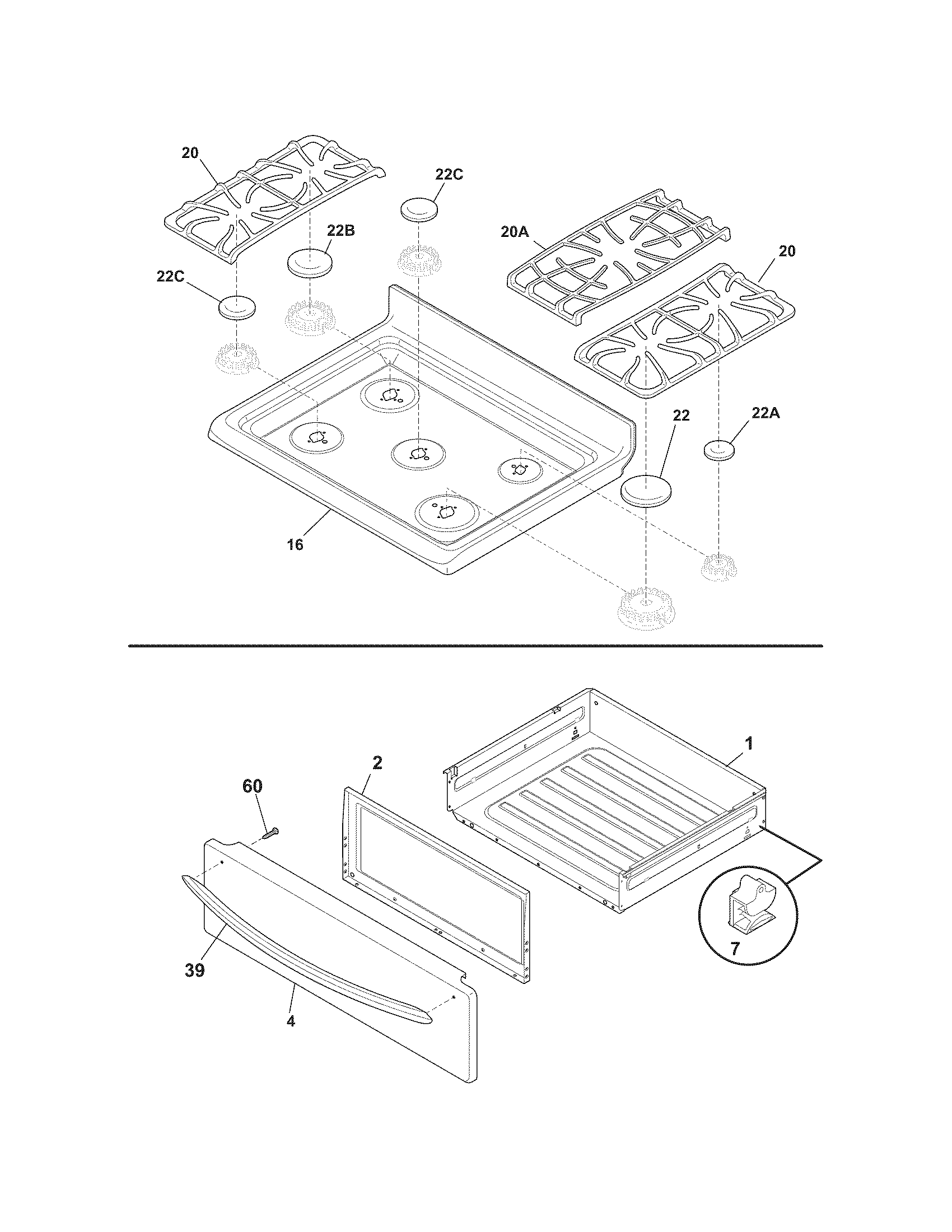 Frigidaire FGGF3042KFH top/drawer diagram