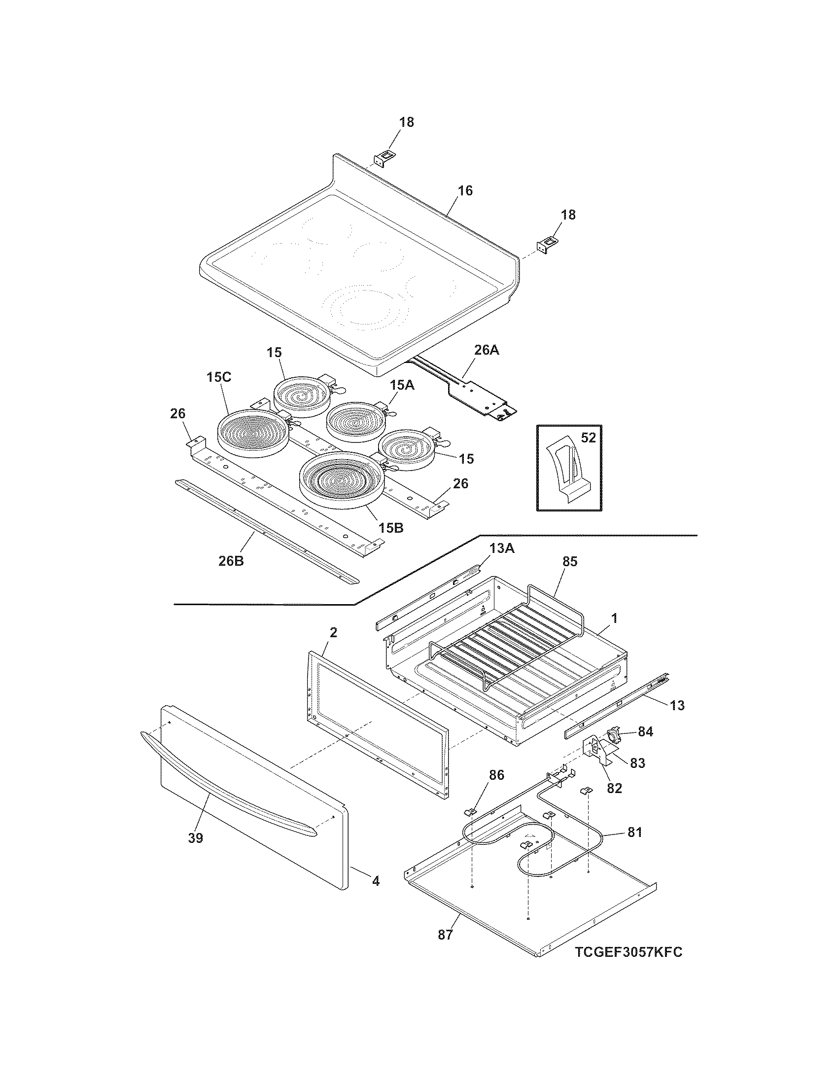 Frigidaire FGEF3057KFC top/drawer diagram